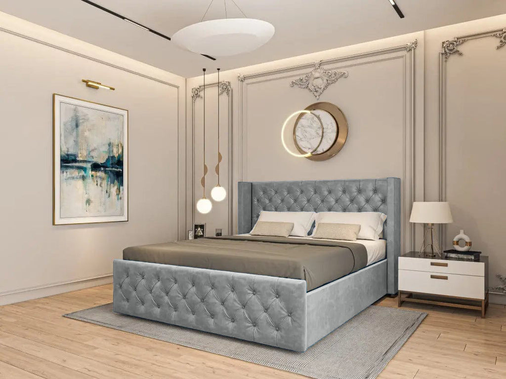 Pat dormitor dumonde, tapitat gri, Nisa 160x200 cm, somiera rabatabila inclusa, spatiu depozitare