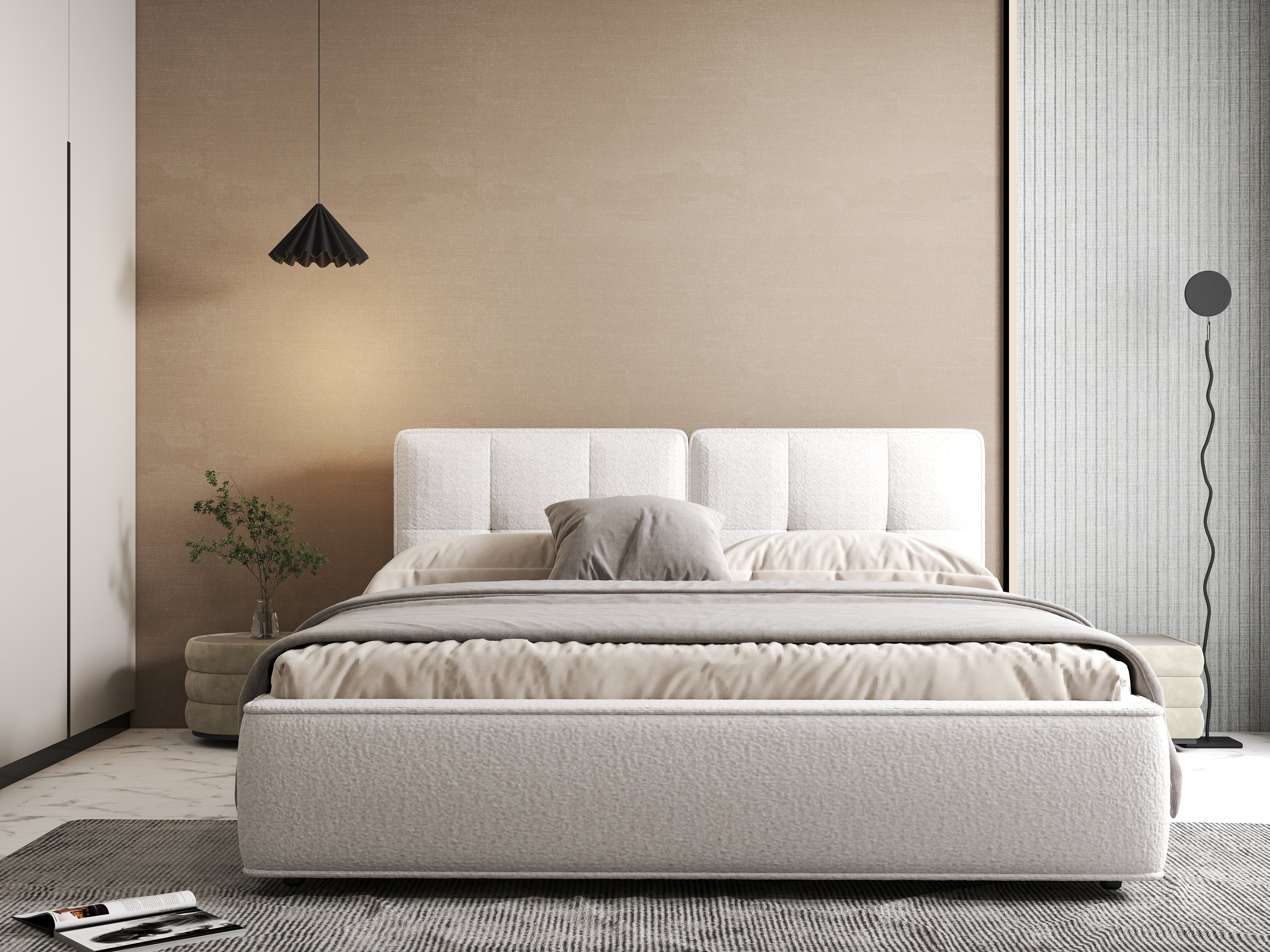 Pat dormitor dumonde, tapitat alb Madrid 180x200 cm, somiera rabatabila inclusa, spatiu depozitare