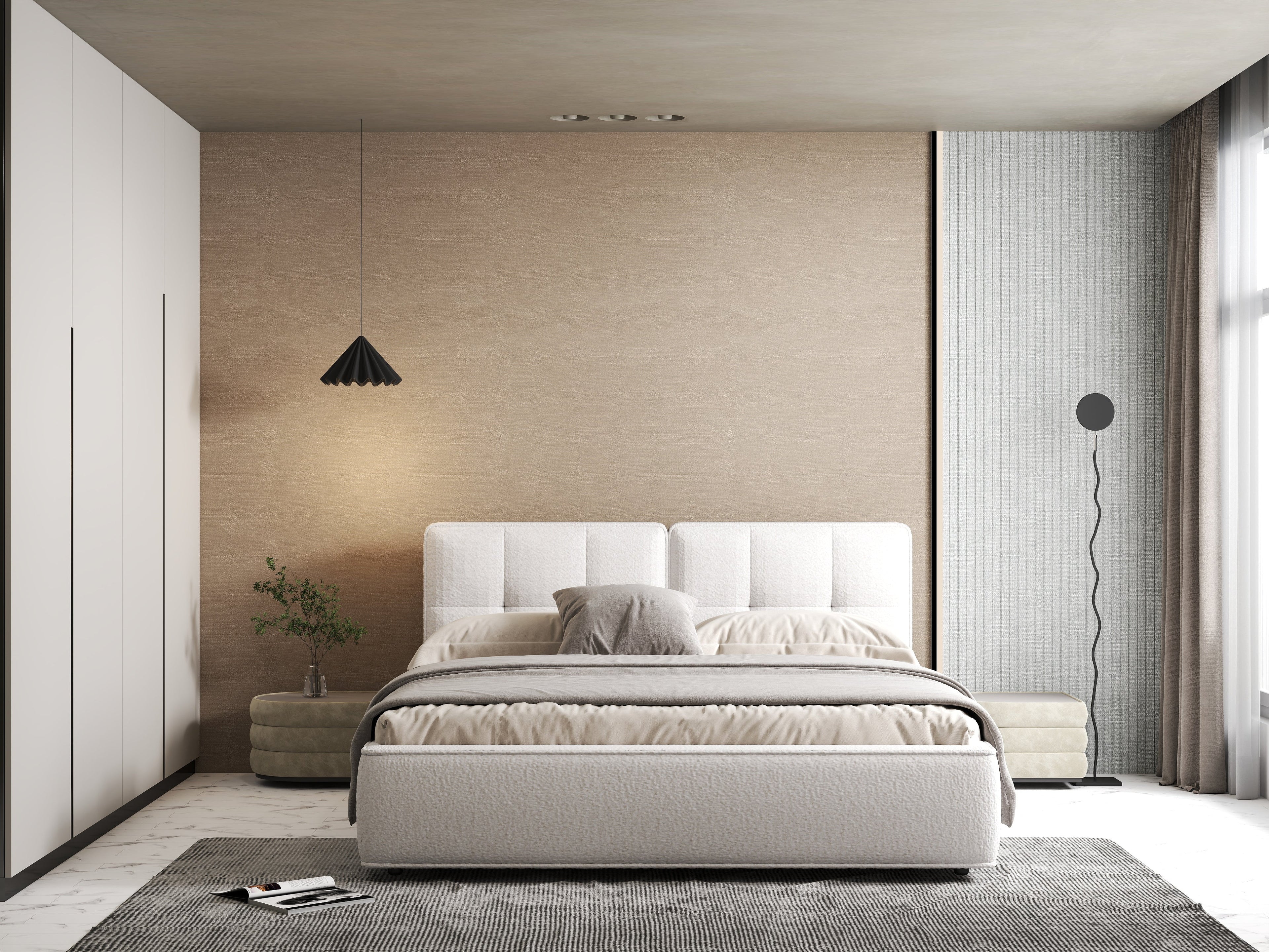 Pat dormitor dumonde, tapitat alb Madrid 180x200 cm, somiera rabatabila inclusa, spatiu depozitare