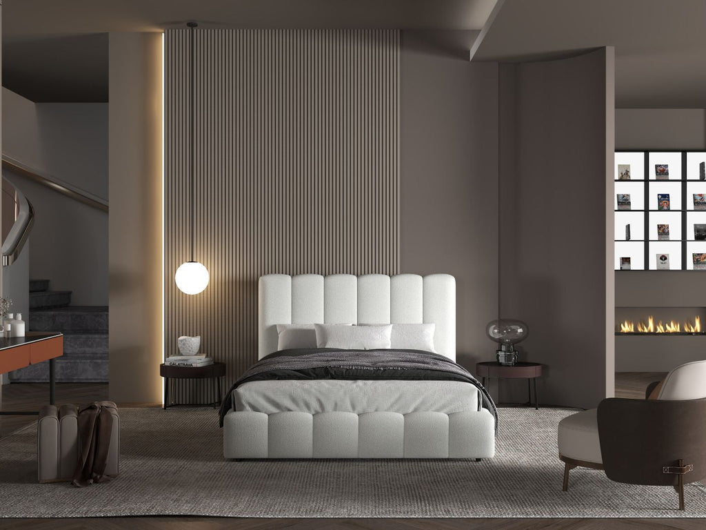 Pat dormitor dumonde, tapitat alb, Milano 160x200 cm, somiera rabatabila inclusa, spatiu depozitare