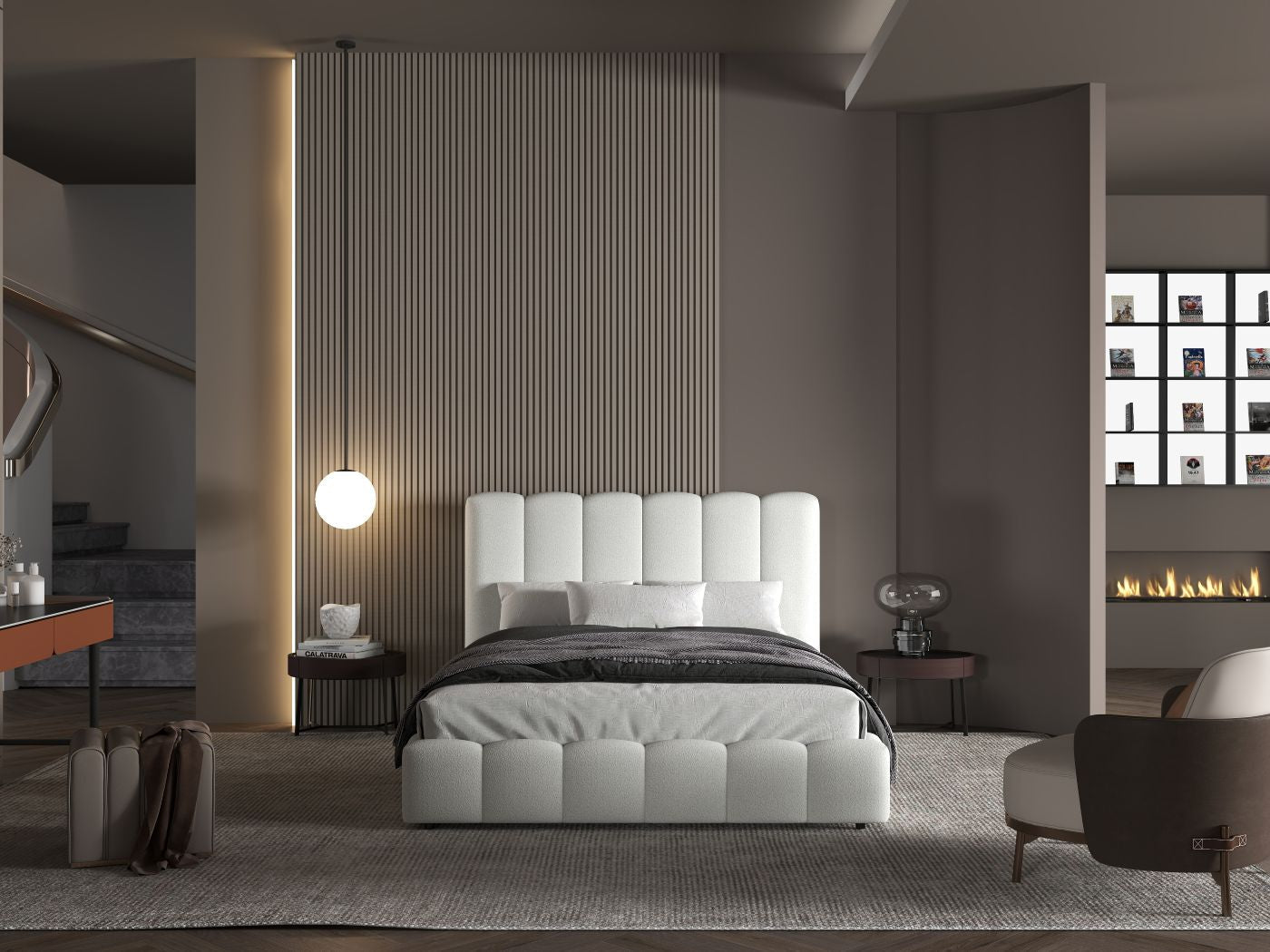 Pat dormitor dumonde, tapitat alb, Milano 160x200 cm, somiera rabatabila inclusa, spatiu depozitare