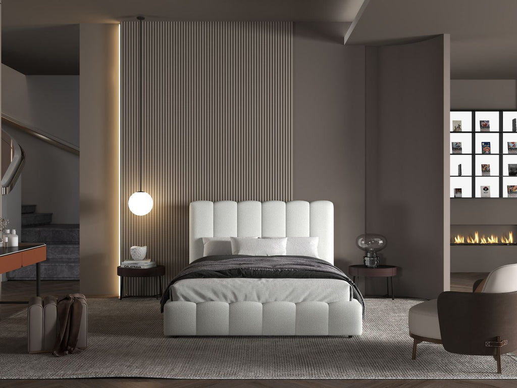 Pat dormitor dumonde, tapitat alb, Milano 160x200 cm, somiera rabatabila inclusa, spatiu depozitare