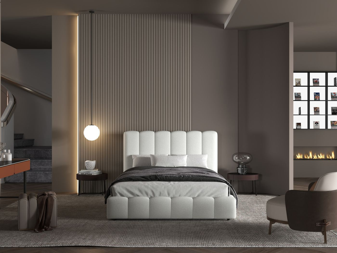 Pat dormitor dumonde, tapitat alb, Milano 160x200 cm, somiera rabatabila inclusa, spatiu depozitare