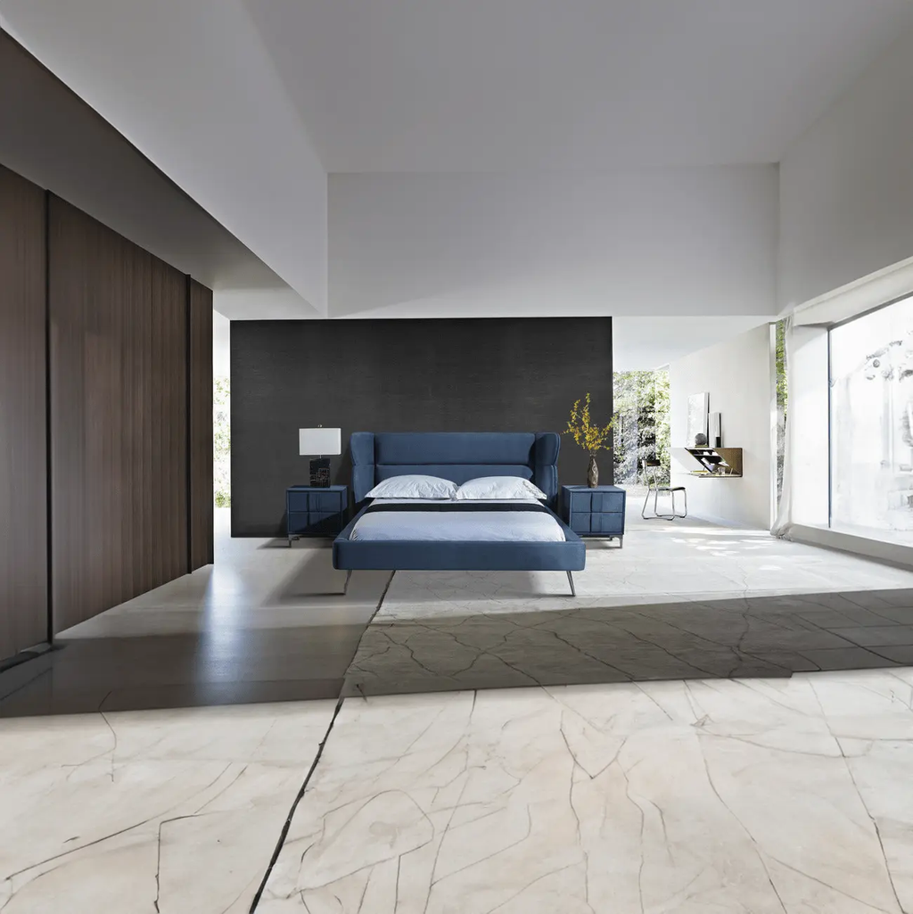 Pat dormitor dumonde, tapitat albastru, Sierra 160x200 cm, somiera inclusa