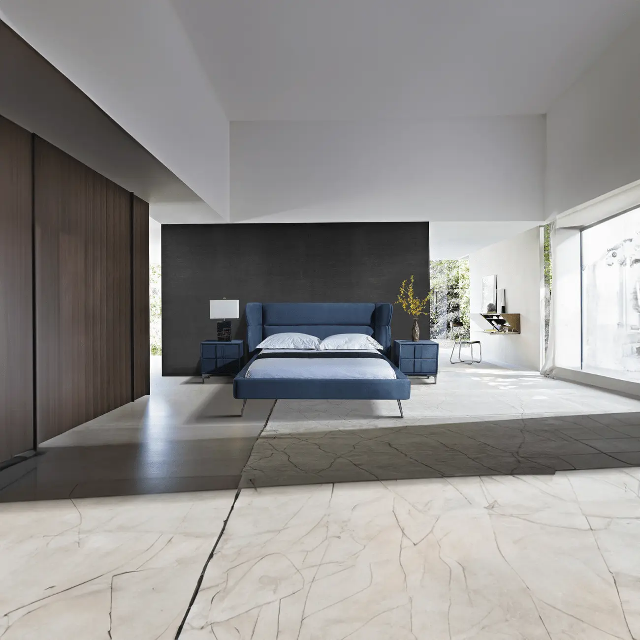 Pat dormitor dumonde, tapitat albastru, Sierra 160x200 cm, somiera inclusa