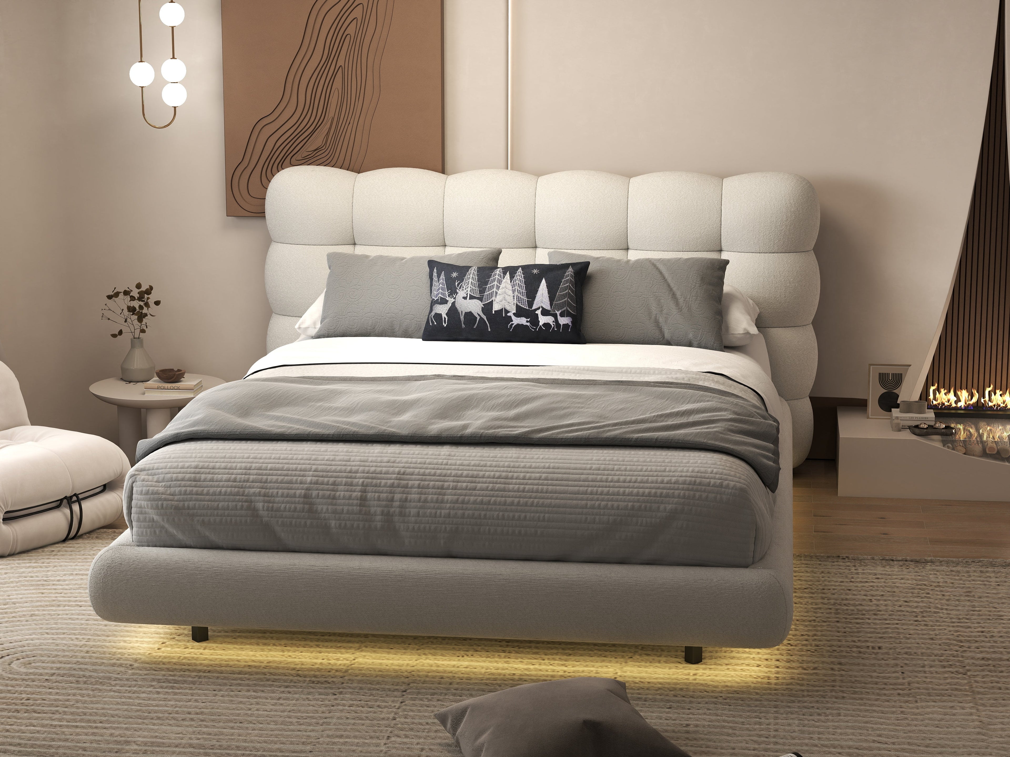 Pat dormitor dumonde, tapitat alb cu LED, "floating bed" Cloud 160x200 cm, somiera inclusa