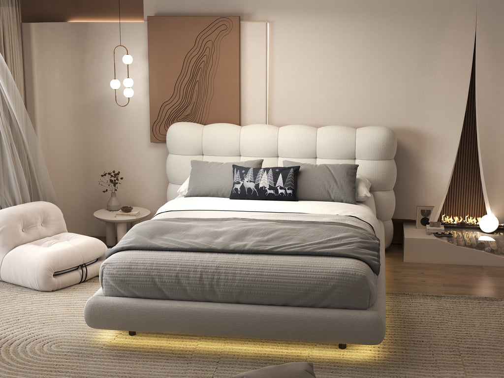 Pat dormitor dumonde, tapitat alb cu LED, "floating bed" Cloud 160x200 cm, somiera inclusa