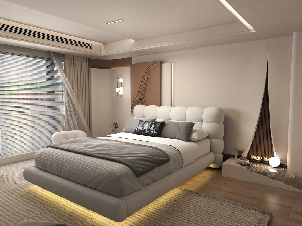 Pat dormitor dumonde, tapitat alb cu LED, "floating bed" Cloud 140x200 cm, somiera inclusa