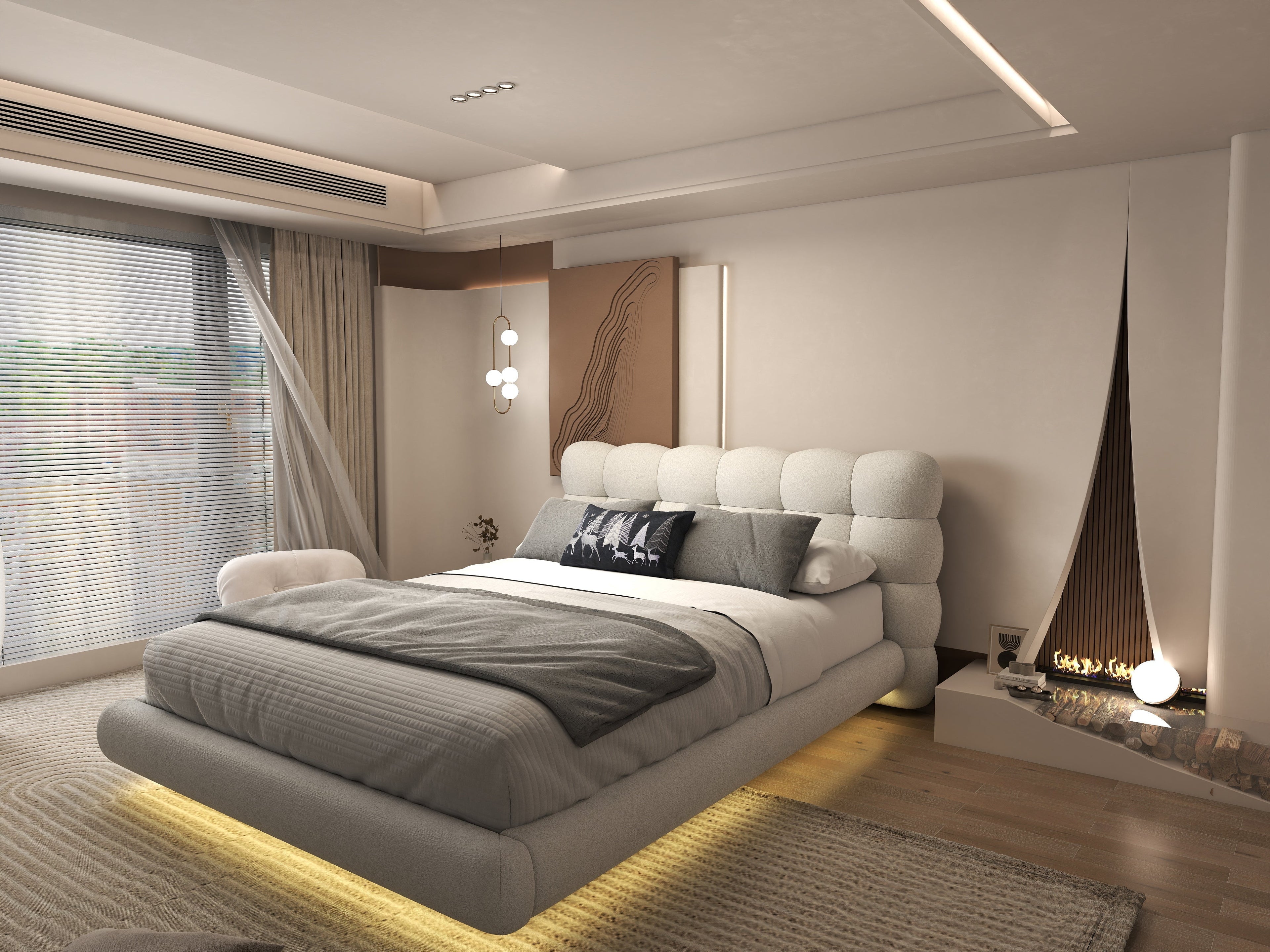 Pat dormitor dumonde, tapitat alb cu LED, "floating bed" Cloud 160x200 cm, somiera inclusa