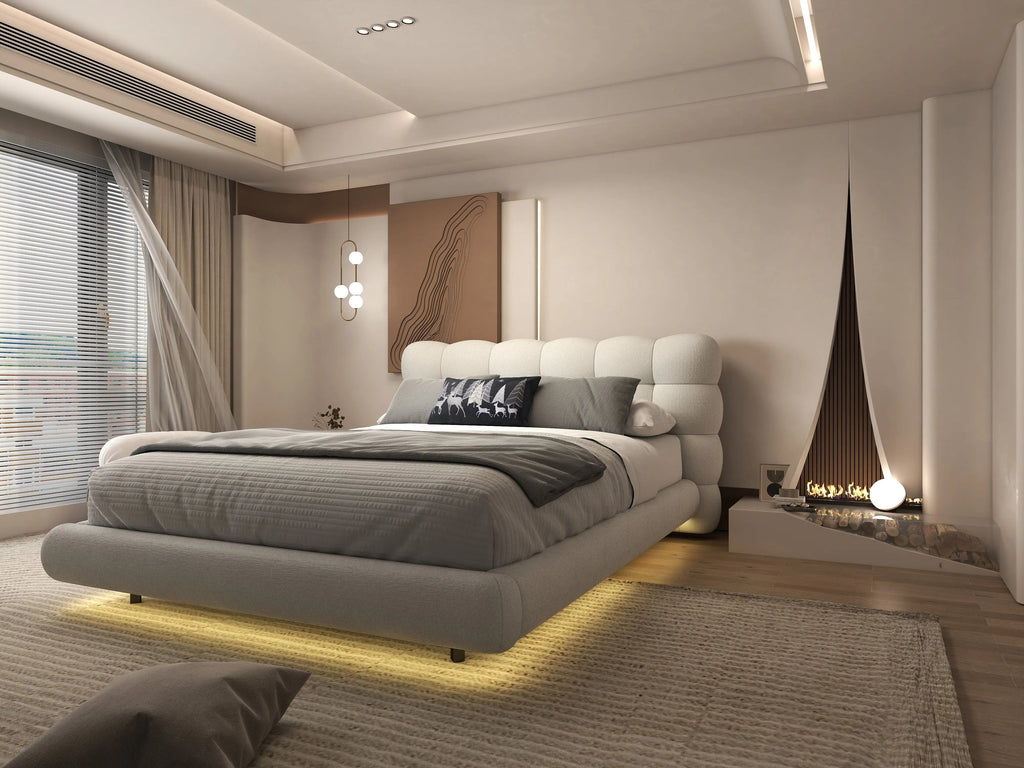 Pat dormitor dumonde, tapitat alb cu LED, "floating bed" Cloud 140x200 cm, somiera inclusa