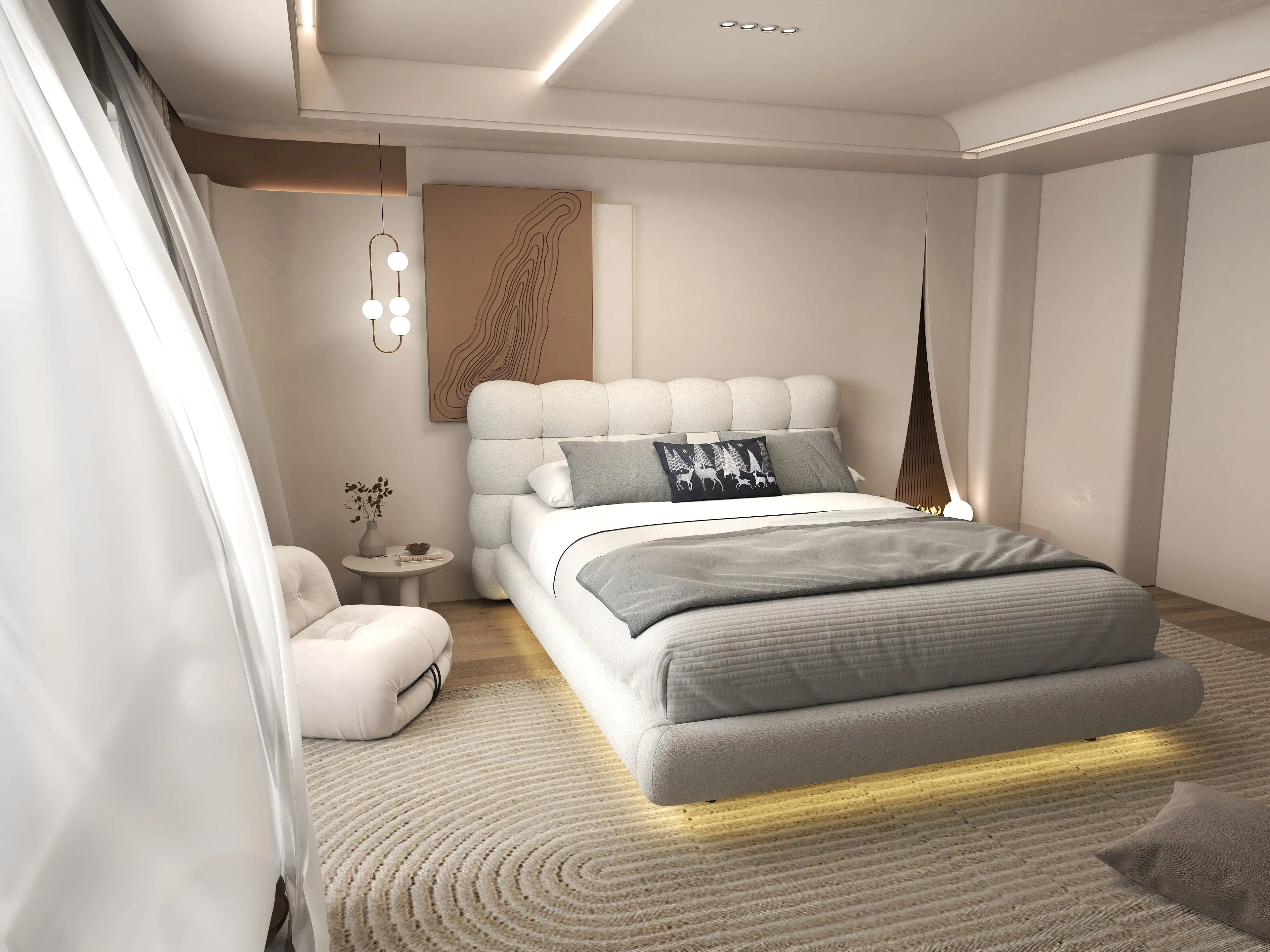 Pat dormitor dumonde, tapitat alb cu LED, "floating bed" Cloud 140x200 cm, somiera inclusa