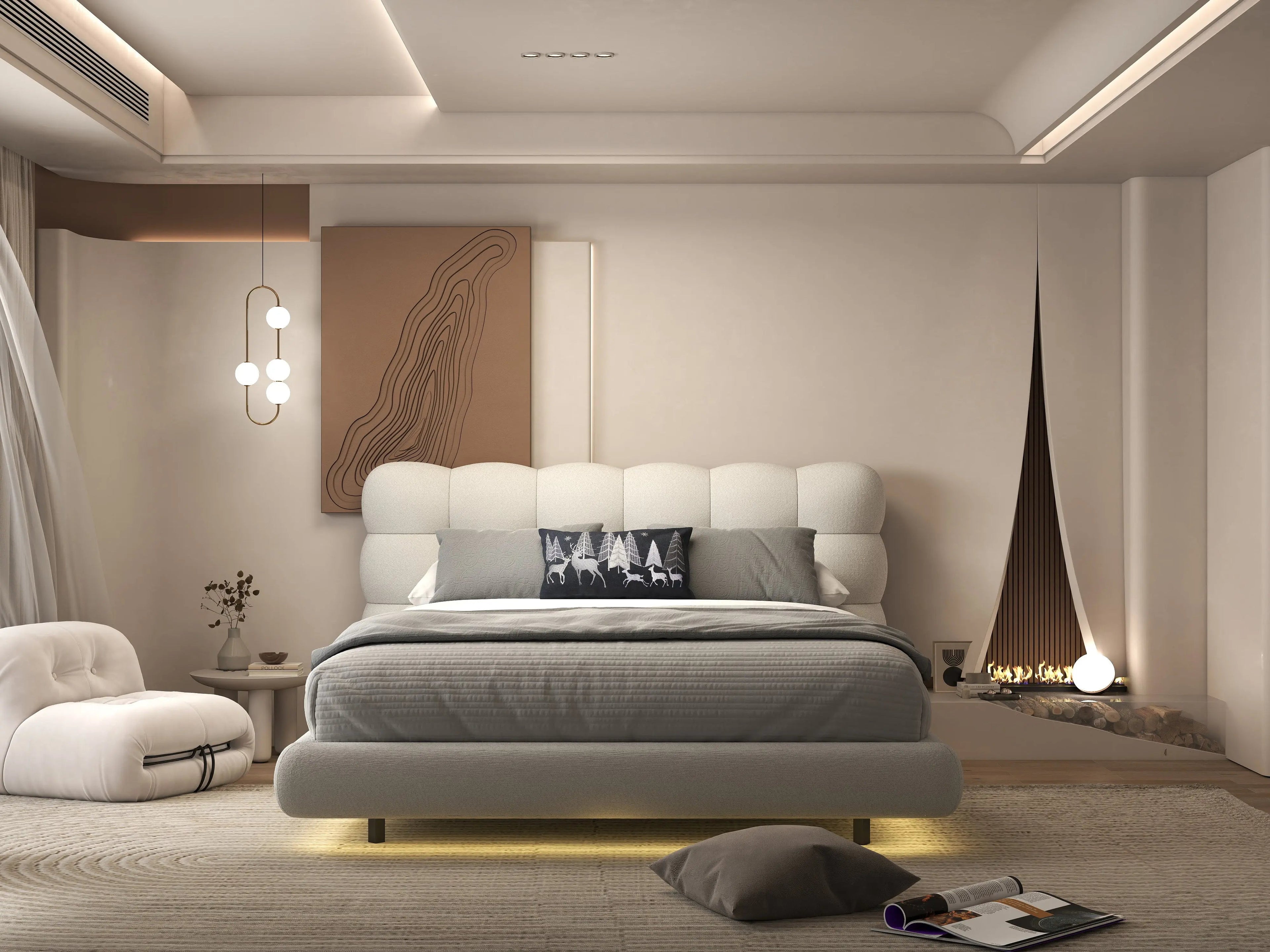 Pat dormitor dumonde, tapitat alb cu LED, "floating bed" Cloud 140x200 cm, somiera inclusa