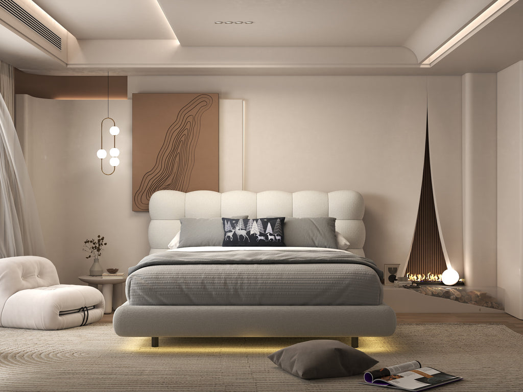 Pat dormitor dumonde, tapitat alb cu LED, "floating bed" Cloud 160x200 cm, somiera inclusa