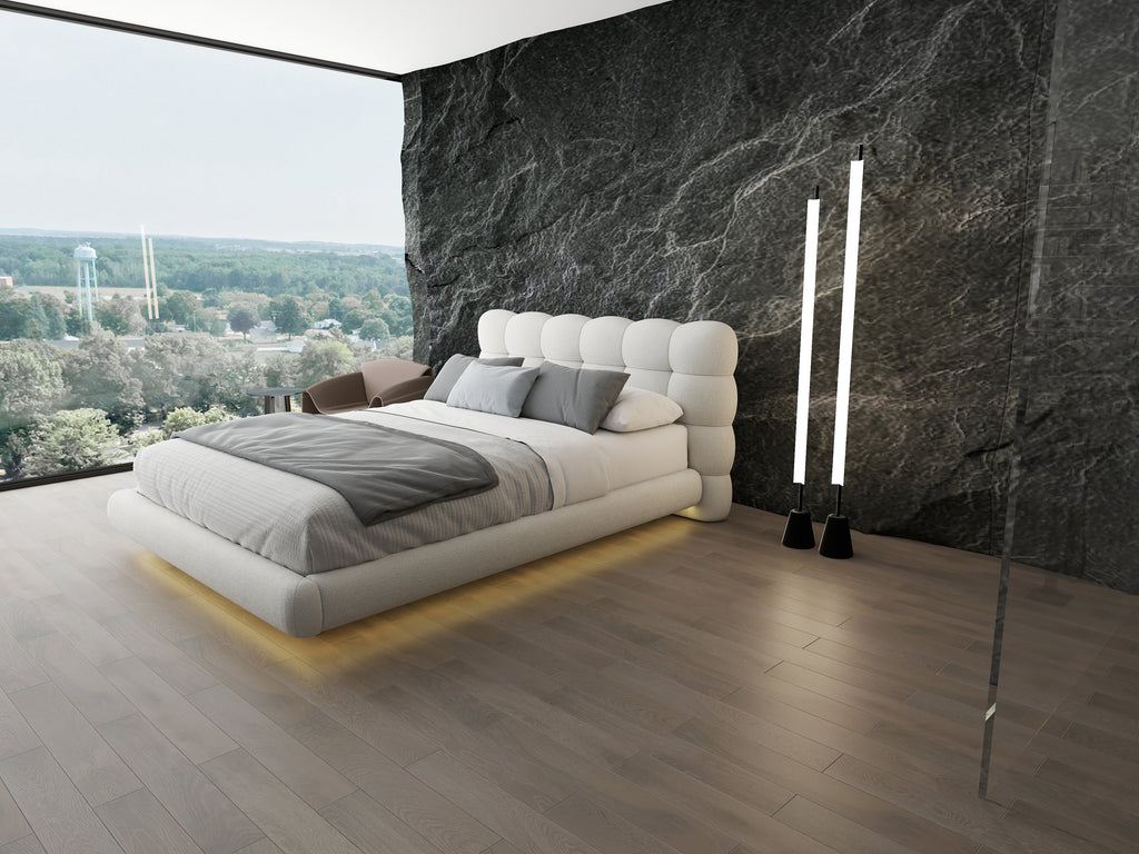 Pat dormitor dumonde, tapitat alb cu LED "floating bed" Cloud 180x200 cm, somiera inclusa