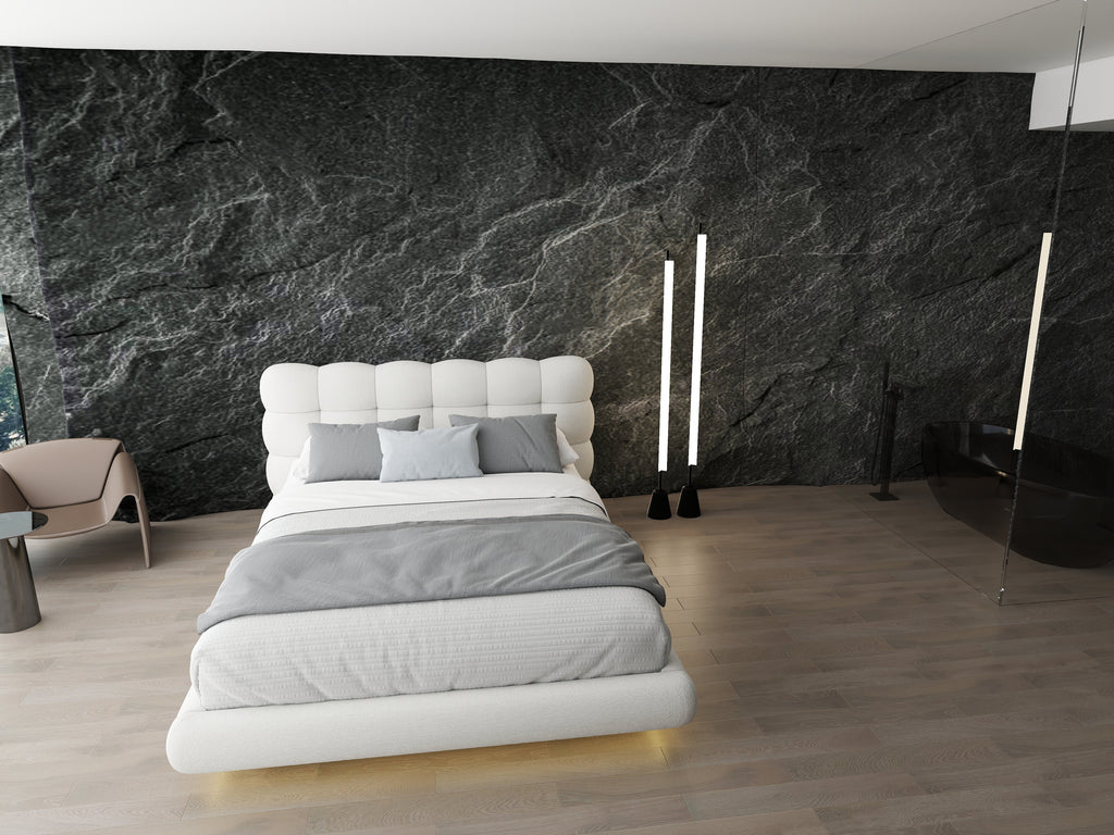 Pat dormitor dumonde, tapitat alb cu LED "floating bed" Cloud 180x200 cm, somiera inclusa