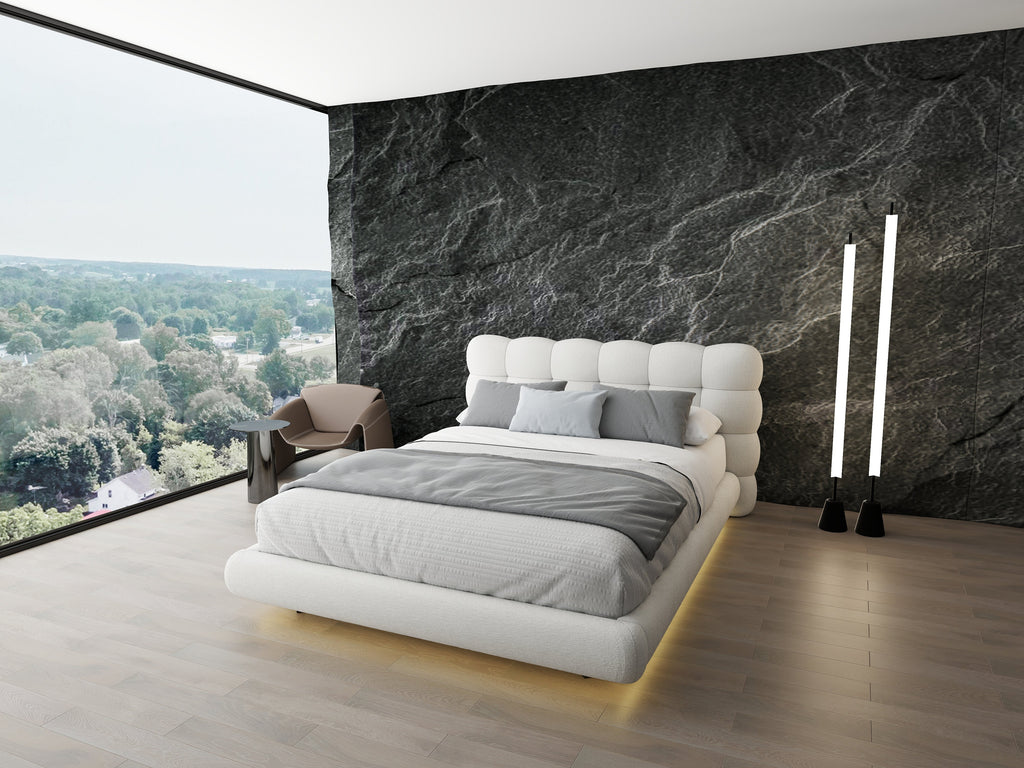 Pat dormitor dumonde, tapitat alb cu LED "floating bed" Cloud 180x200 cm, somiera inclusa