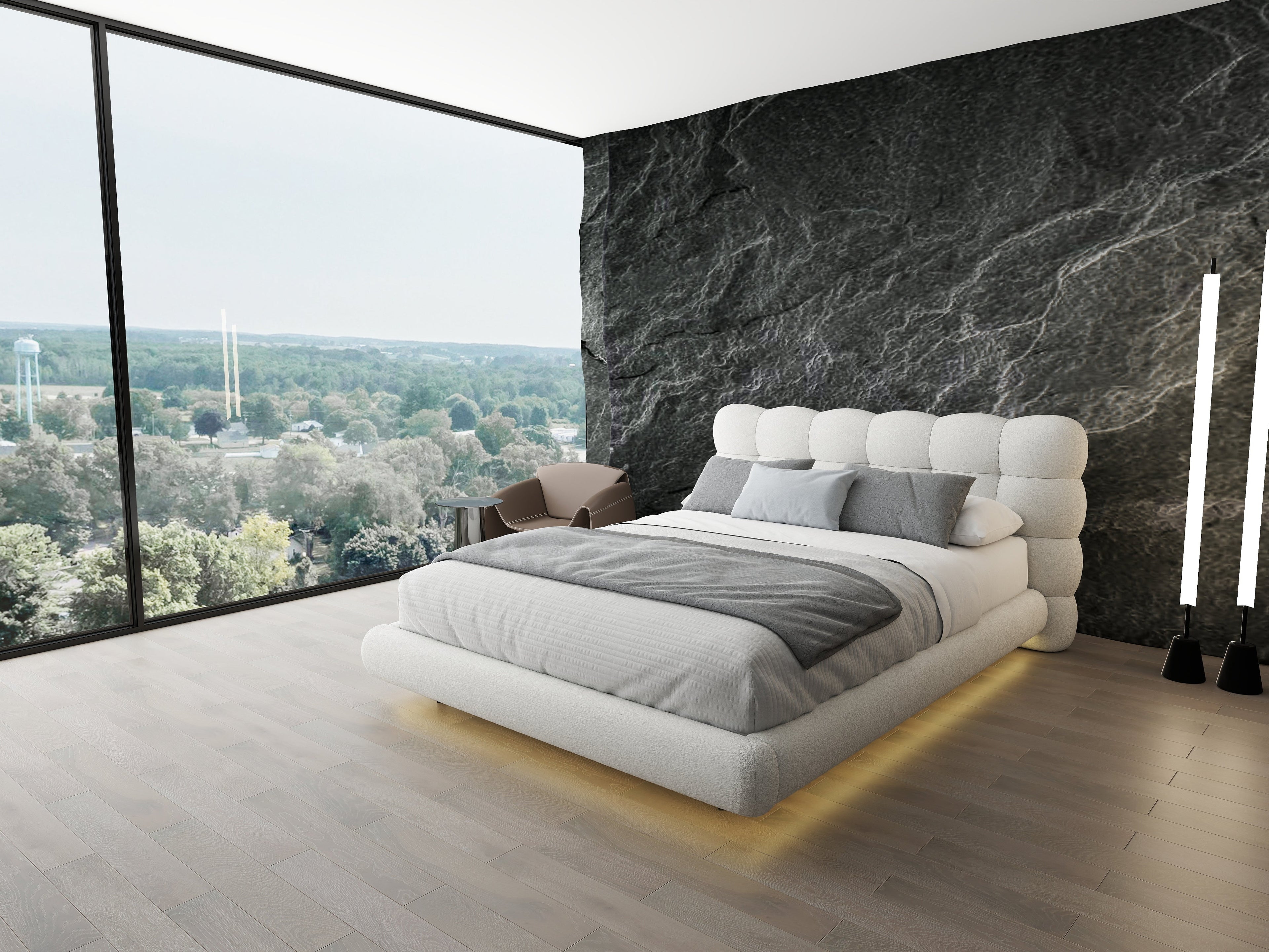 Pat dormitor dumonde, tapitat alb cu LED "floating bed" Cloud 180x200 cm, somiera inclusa