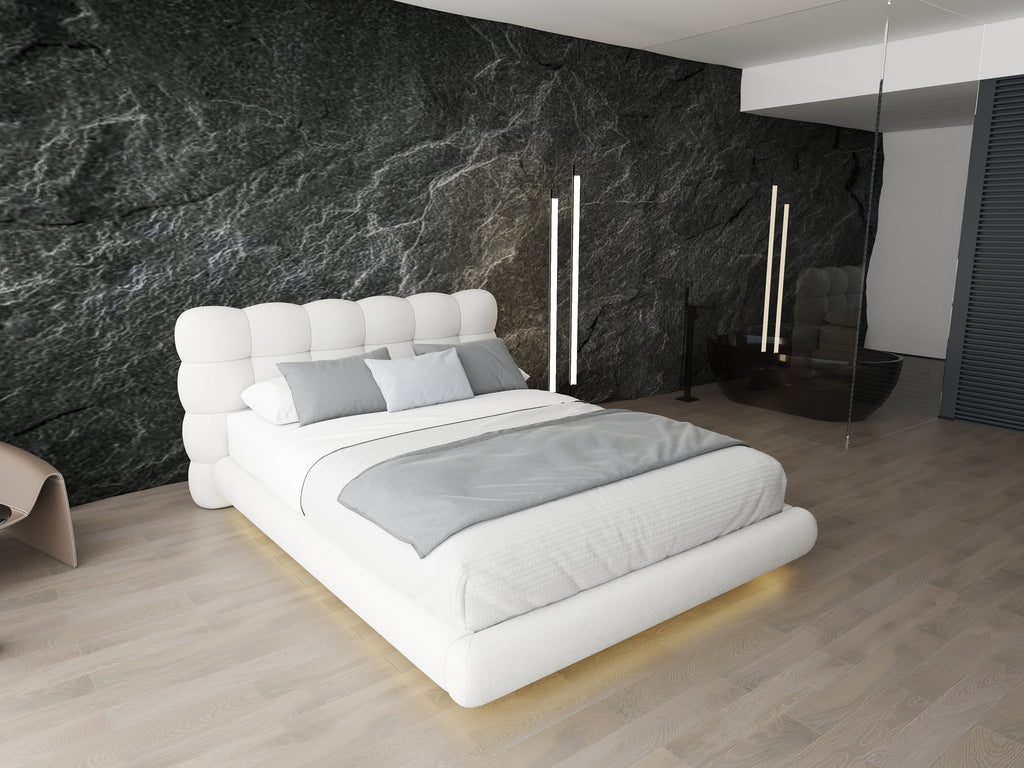 Pat dormitor dumonde, tapitat alb cu LED "floating bed" Cloud 180x200 cm, somiera inclusa