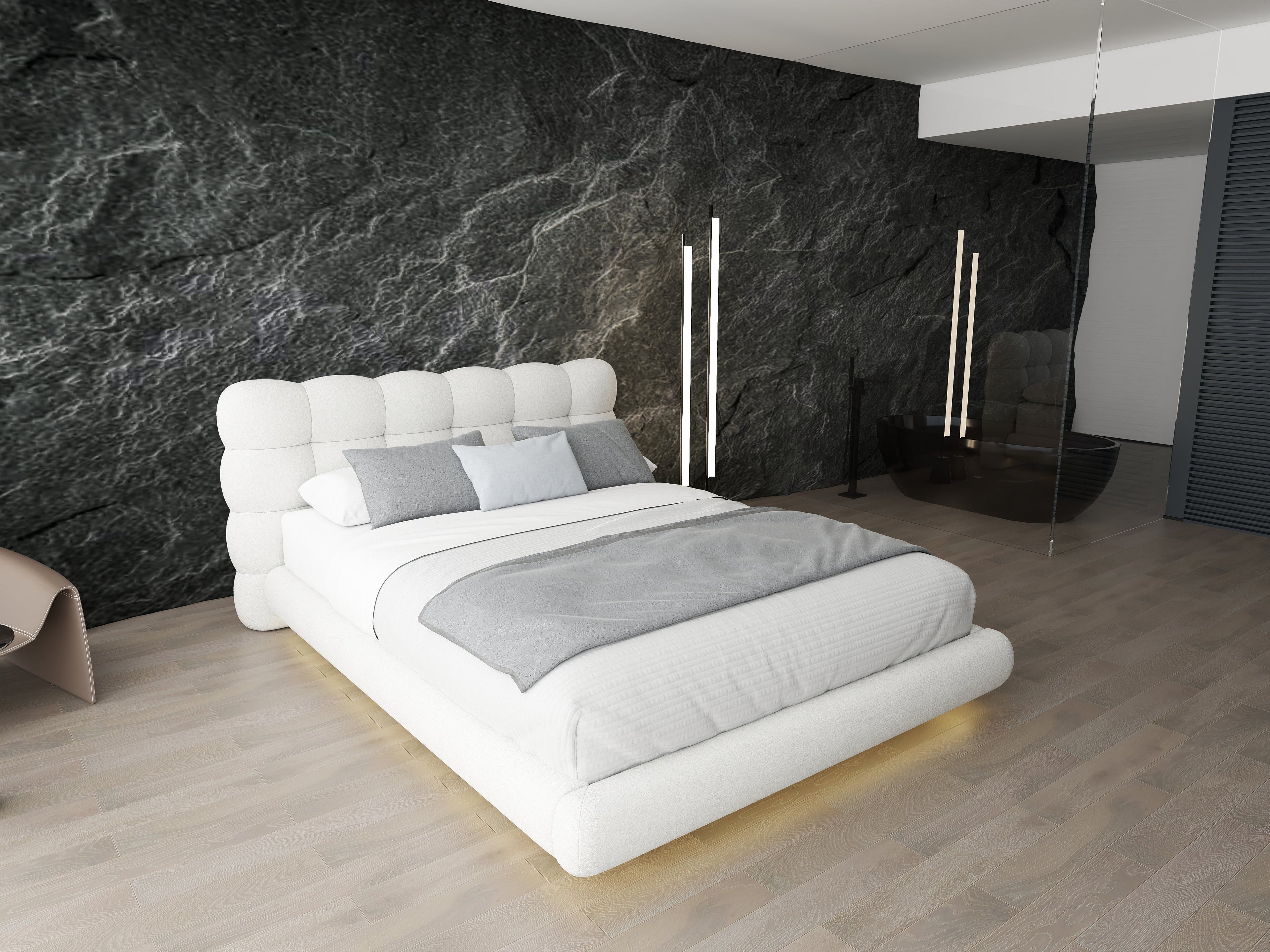 Pat dormitor dumonde, tapitat alb cu LED "floating bed" Cloud 180x200 cm, somiera inclusa