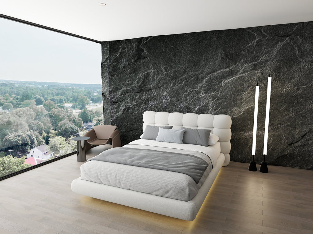 Pat dormitor dumonde, tapitat alb cu LED "floating bed" Cloud 180x200 cm, somiera inclusa