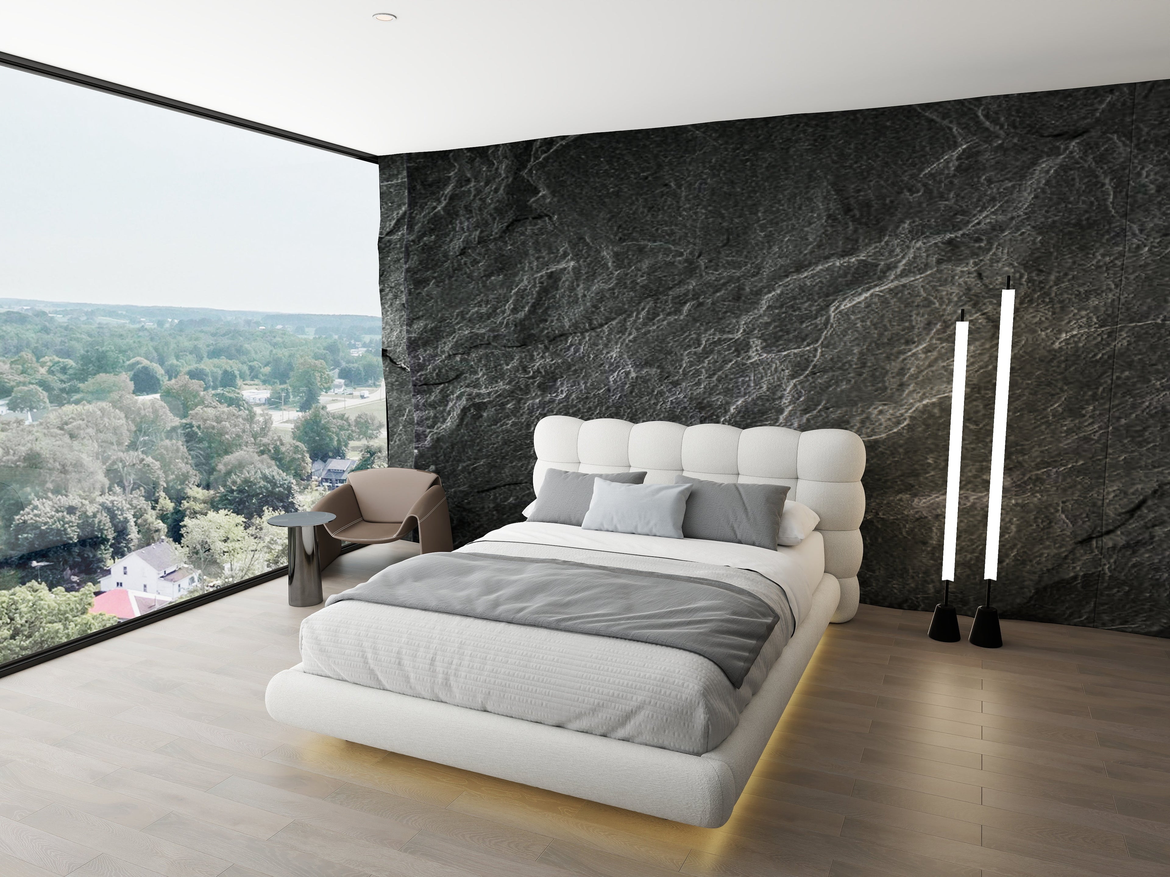 Pat dormitor dumonde, tapitat alb cu LED "floating bed" Cloud 180x200 cm, somiera inclusa