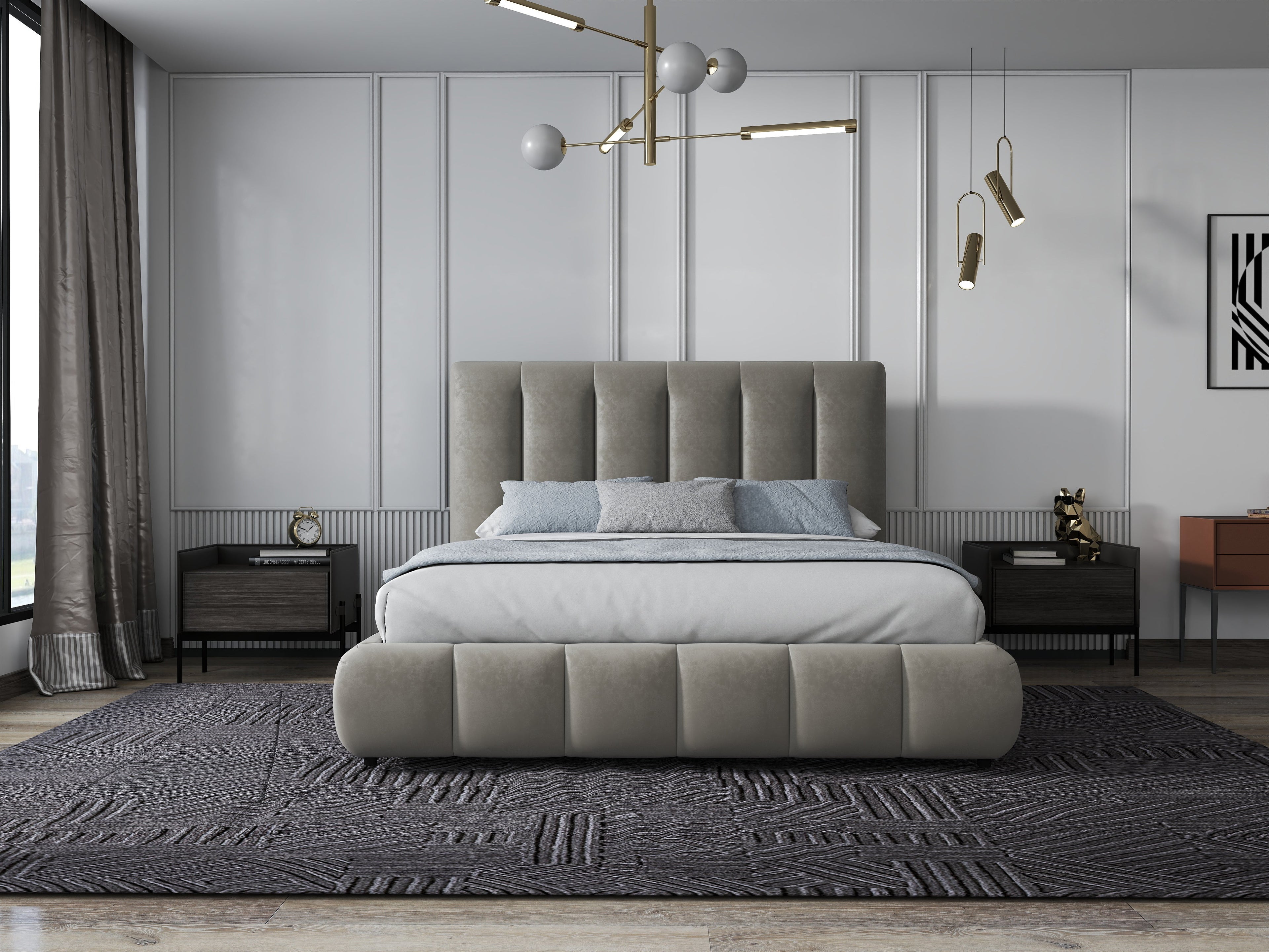 Pat dormitor dumonde, tapitat bej, Divaneo 180x200 cm, somiera rabatabila inclusa, spatiu depozitare