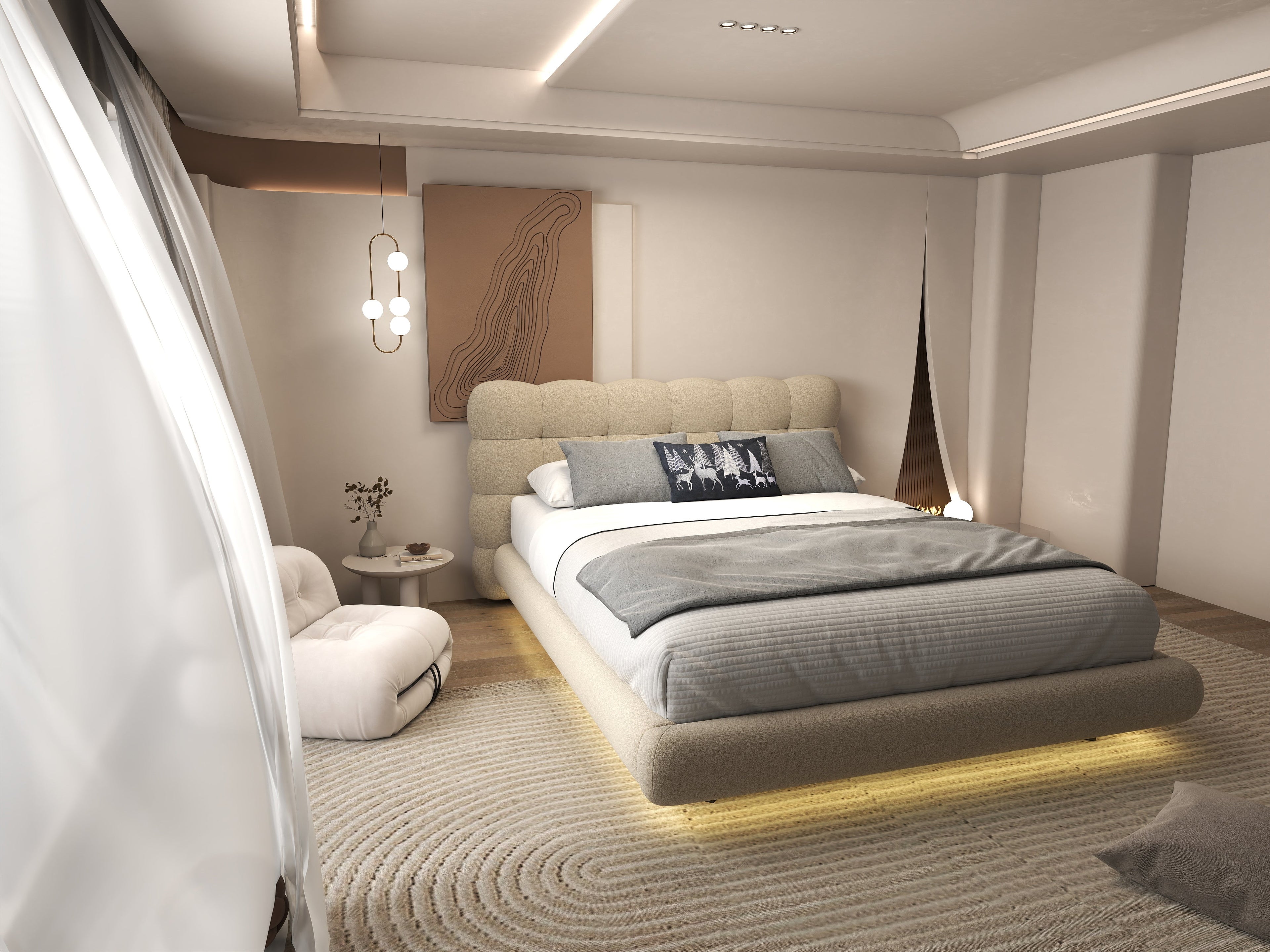 Pat dormitor dumonde, tapitat bej cu LED, "floating bed" Cloud 160x200 cm, somiera inclusa