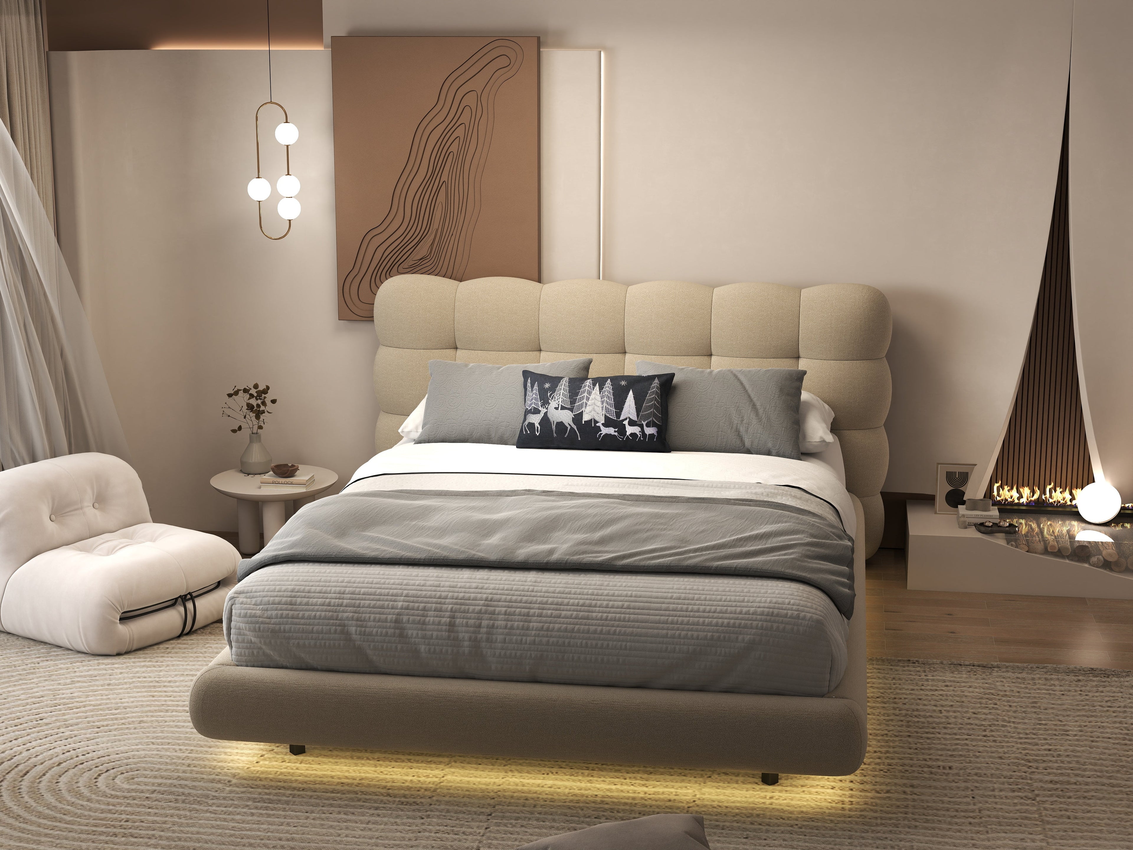 Pat dormitor dumonde, tapitat bej cu LED, "floating bed" Cloud 160x200 cm, somiera inclusa
