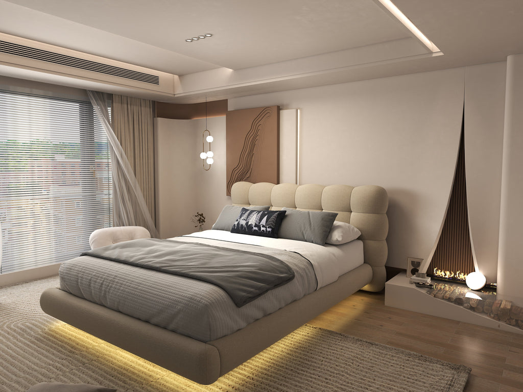 Pat dormitor dumonde, tapitat bej cu LED, "floating bed" Cloud 160x200 cm, somiera inclusa