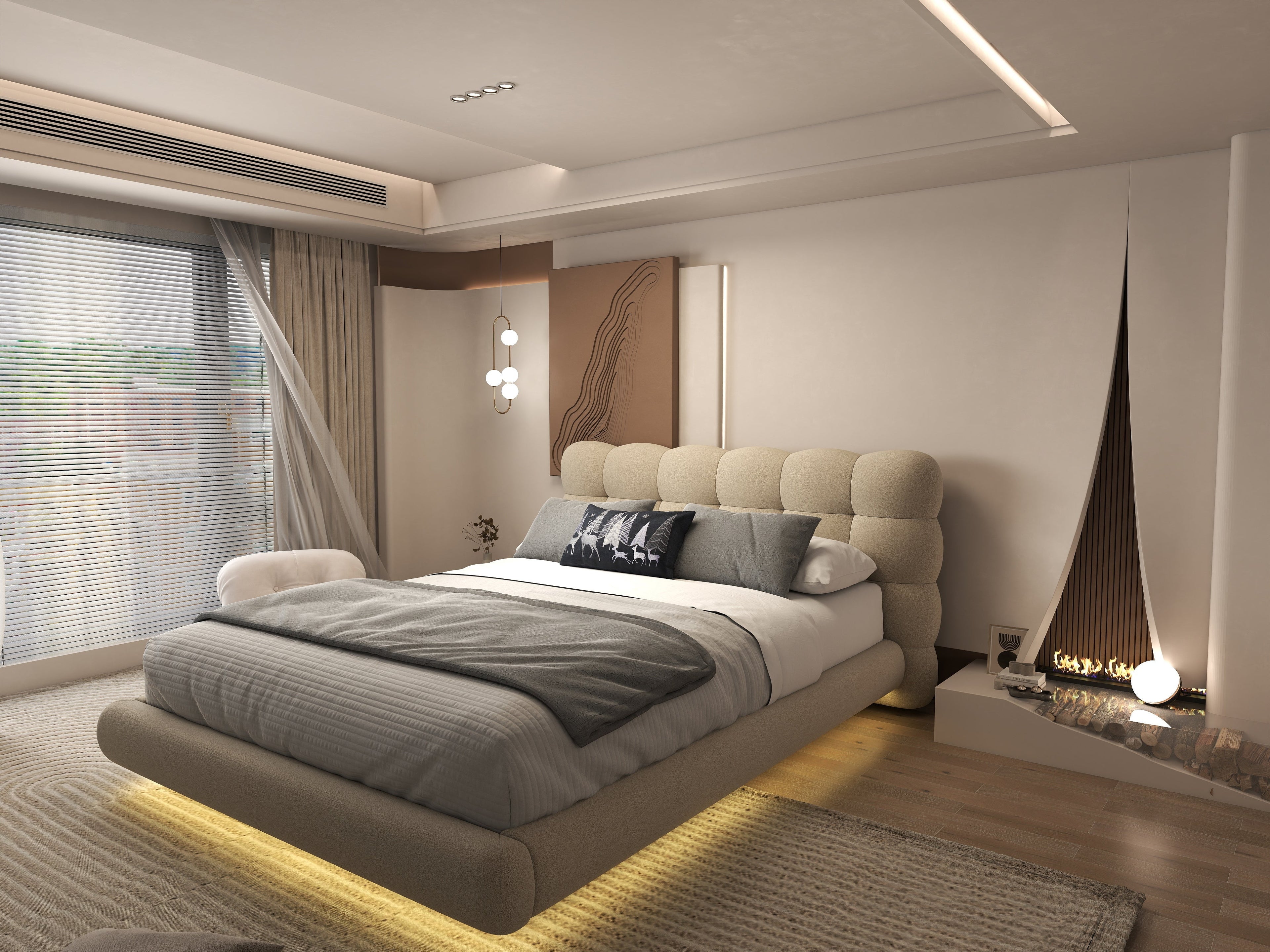 Pat dormitor dumonde, tapitat bej cu LED, "floating bed" Cloud 160x200 cm, somiera inclusa