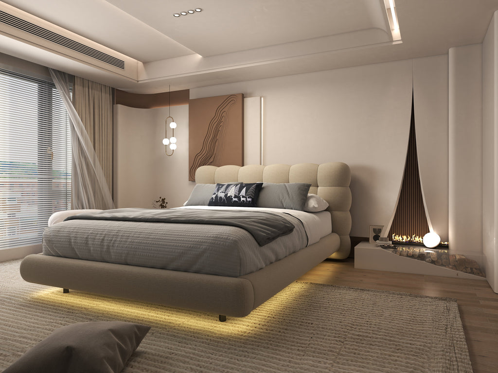 Pat dormitor dumonde, tapitat bej cu LED, "floating bed" Cloud 160x200 cm, somiera inclusa
