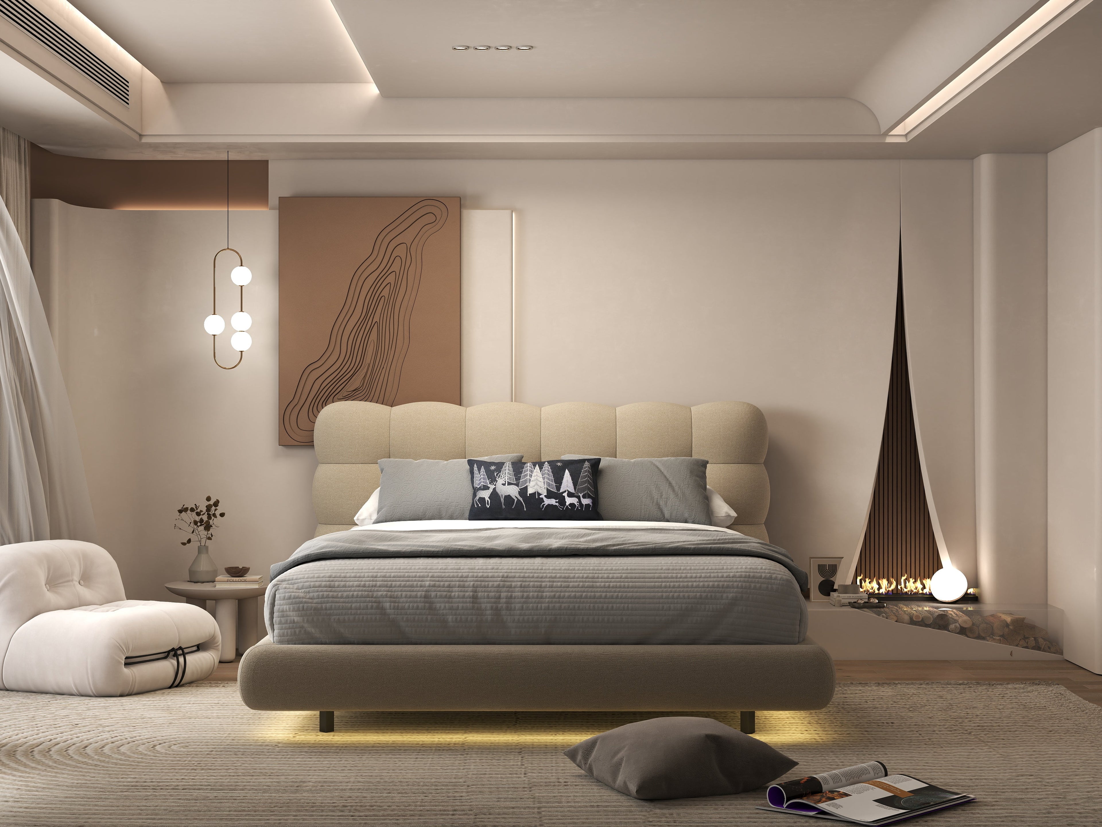 Pat dormitor dumonde, tapitat bej cu LED, "floating bed" Cloud 160x200 cm, somiera inclusa