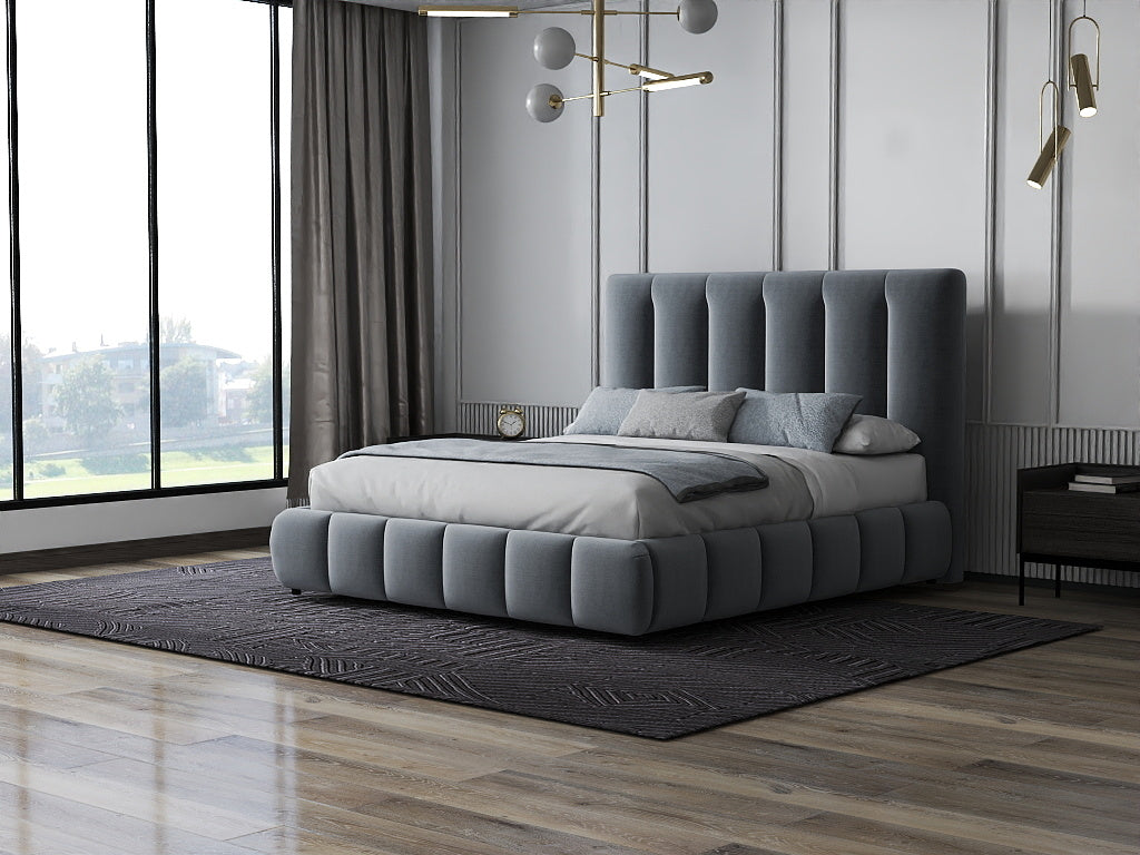 Pat dormitor dumonde, tapitat gri, Divaneo 180x200 cm, somiera rabatabila inclusa, spatiu depozitare