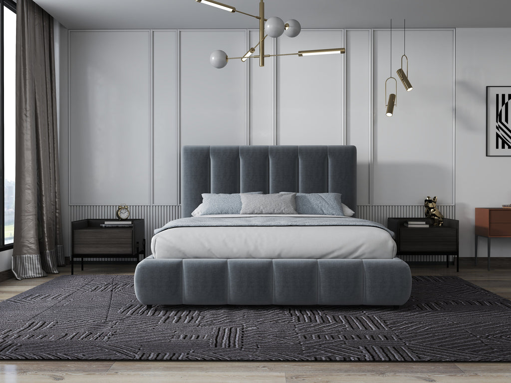 Pat dormitor dumonde, tapitat gri, Divaneo 180x200 cm, somiera rabatabila inclusa, spatiu depozitare
