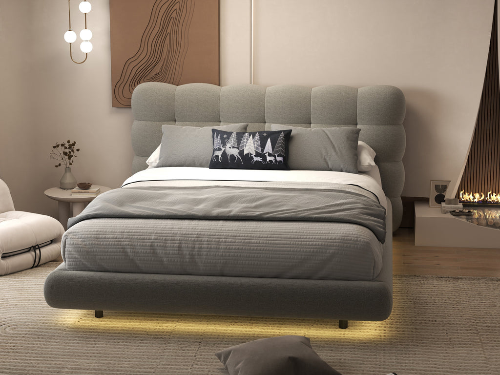Pat dormitor dumonde, tapitat gri cu LED, "floating bed" Cloud 160x200 cm, somiera inclusa