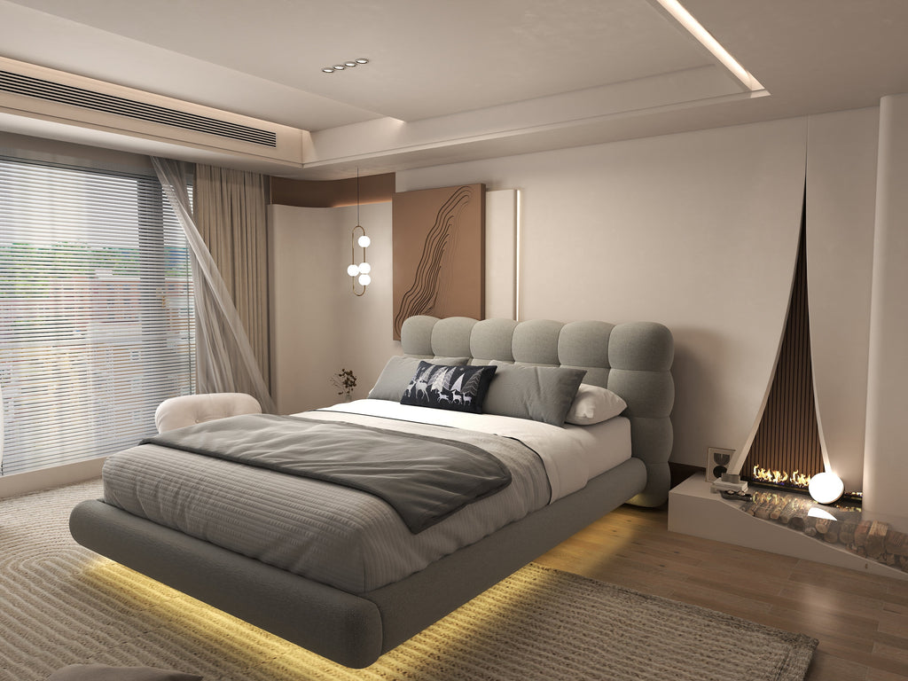 Pat dormitor dumonde, tapitat gri cu LED, "floating bed" Cloud 160x200 cm, somiera inclusa