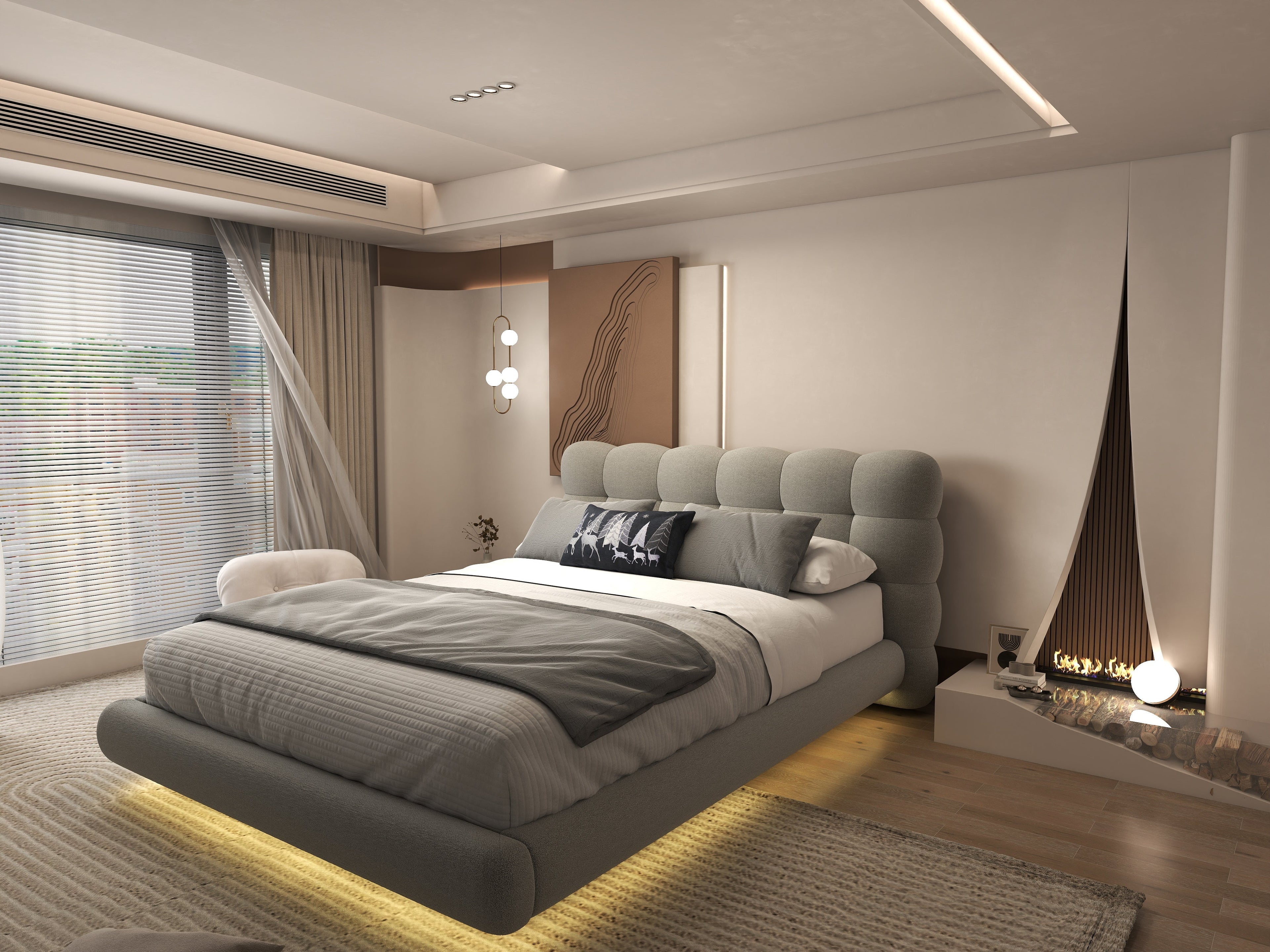 Pat dormitor dumonde, tapitat gri cu LED, "floating bed" Cloud 160x200 cm, somiera inclusa