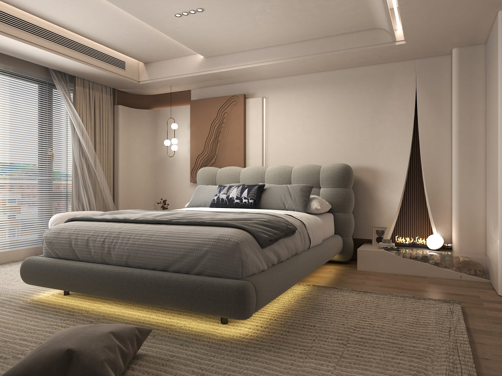Pat dormitor dumonde, tapitat gri cu LED, "floating bed" Cloud 160x200 cm, somiera inclusa