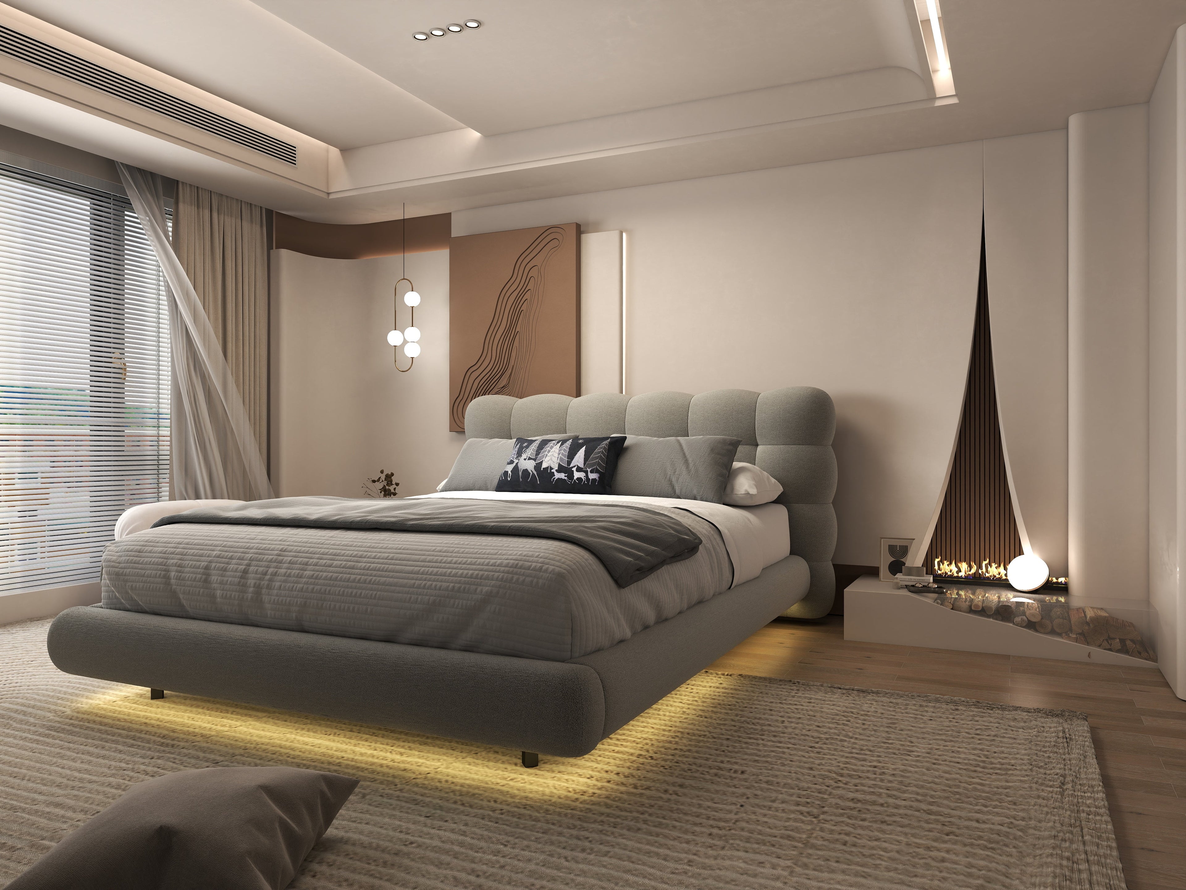 Pat dormitor dumonde, tapitat gri cu LED, "floating bed" Cloud 160x200 cm, somiera inclusa