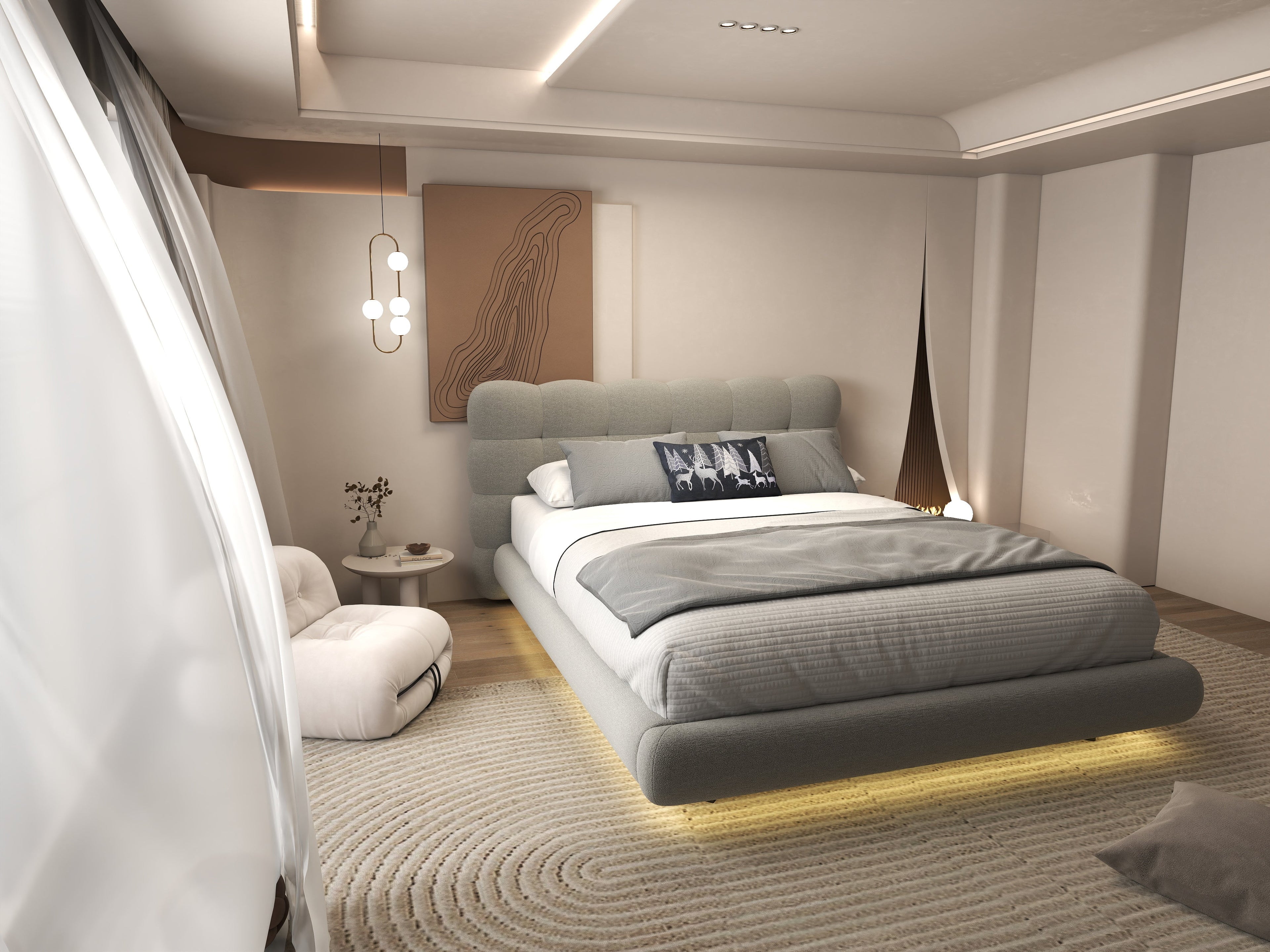 Pat dormitor dumonde, tapitat gri cu LED, "floating bed" Cloud 160x200 cm, somiera inclusa