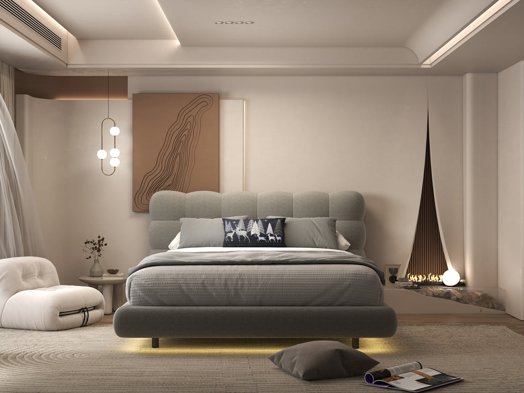 Pat dormitor dumonde, tapitat gri cu LED, "floating bed" Cloud 160x200 cm, somiera inclusa