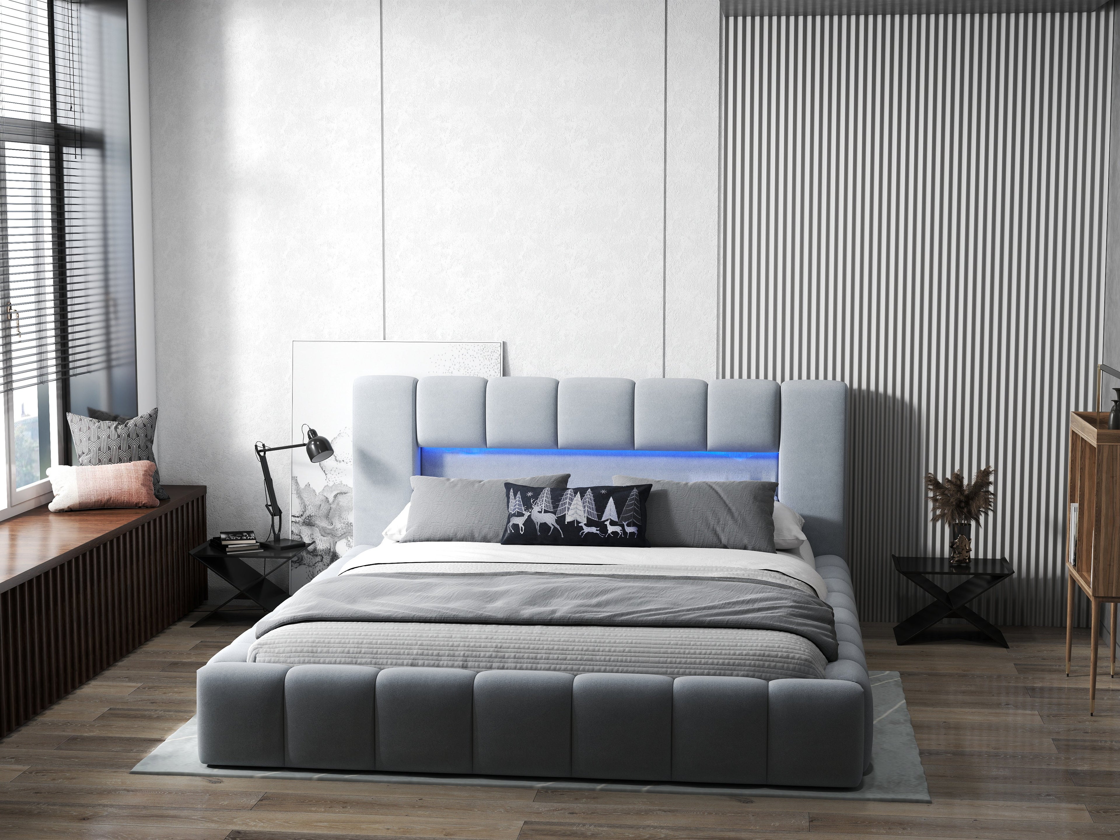 Pat dormitor dumonde, tapitat gri cu LED si USB, Palermo 160x200 cm, somiera rabatabila inclusa, spatiu depozitare