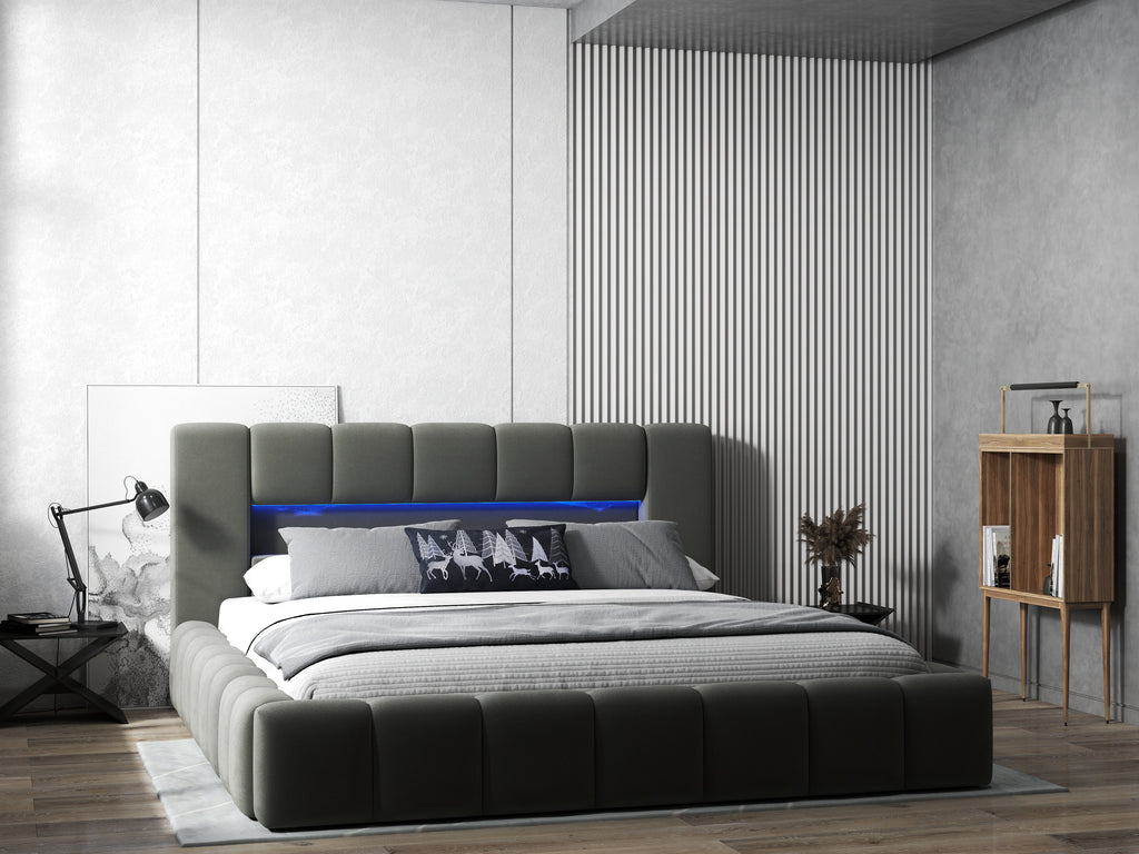 Pat dormitor dumonde, tapitat gri cu LED si USB, Palermo 160x200 cm, somiera rabatabila inclusa, spatiu depozitare