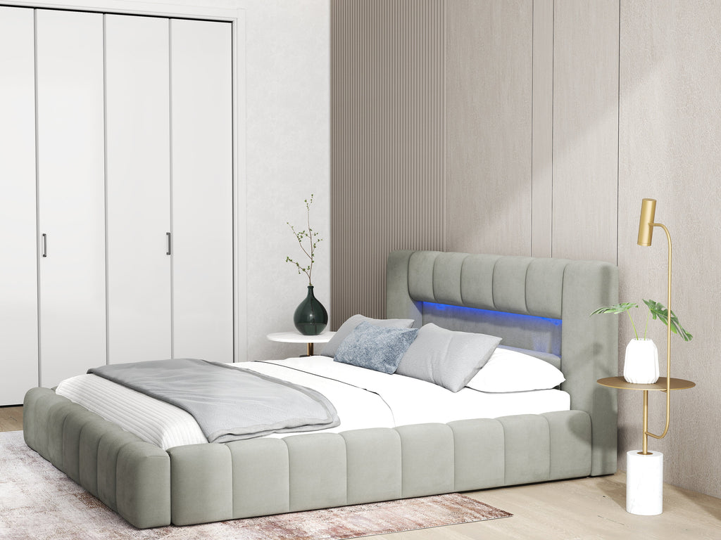 Pat dormitor dumonde, tapitat gri cu LED si USB, Palermo 140x200 cm, somiera rabatabila inclusa, spatiu depozitare