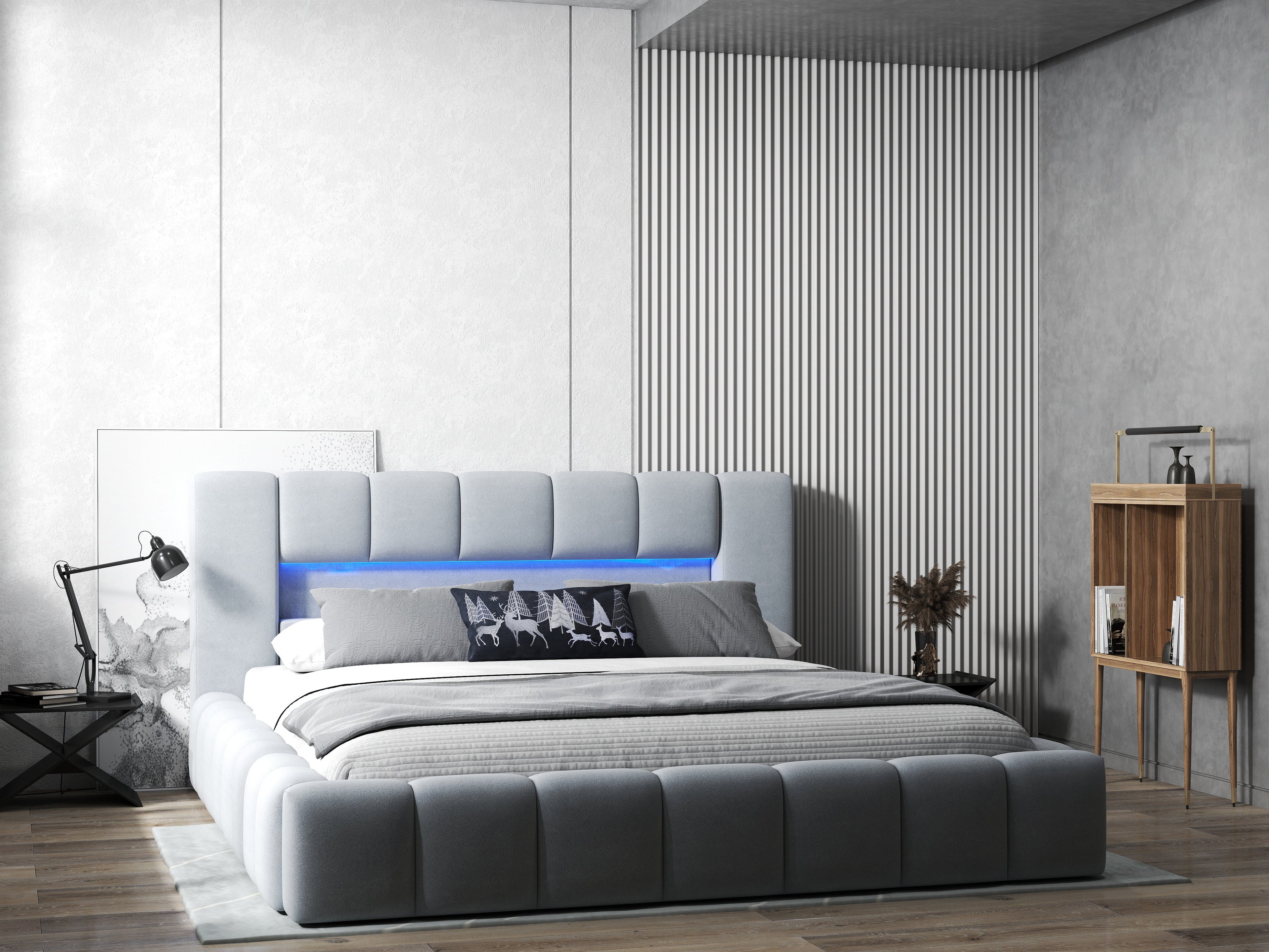 Pat dormitor dumonde, tapitat gri cu LED si USB, Palermo 160x200 cm, somiera rabatabila inclusa, spatiu depozitare