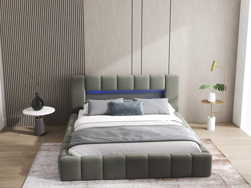 Pat dormitor dumonde, tapitat gri cu LED si USB, Palermo 140x200 cm, somiera rabatabila inclusa, spatiu depozitare