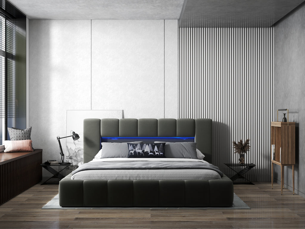 Pat dormitor dumonde, tapitat gri cu LED si USB, Palermo 160x200 cm, somiera rabatabila inclusa, spatiu depozitare