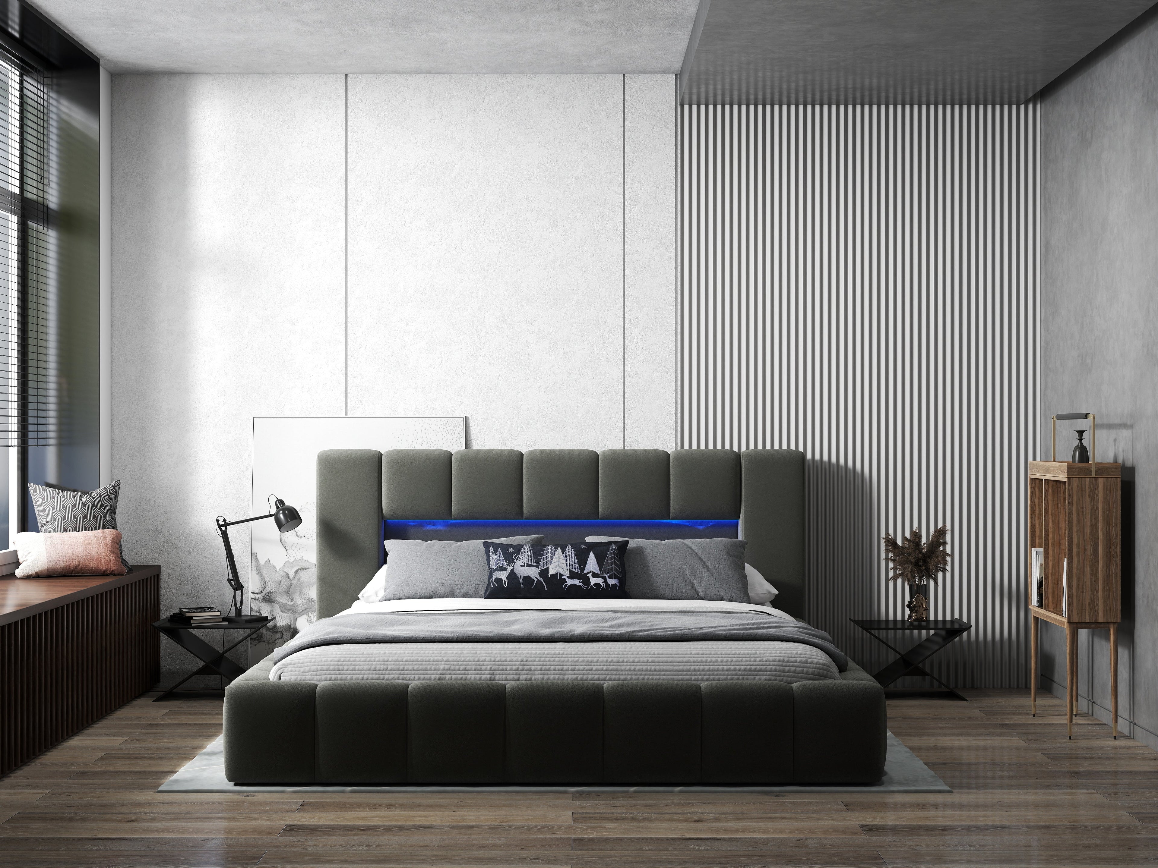 Pat dormitor dumonde, tapitat gri cu LED si USB, Palermo 160x200 cm, somiera rabatabila inclusa, spatiu depozitare