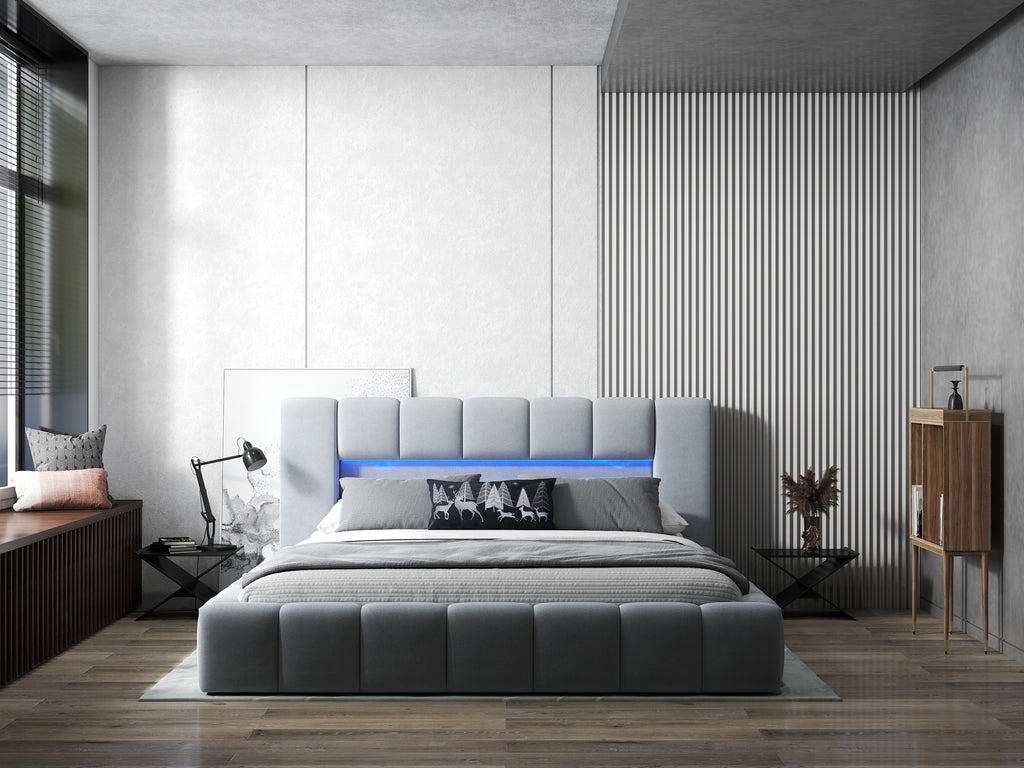 Pat dormitor dumonde, tapitat gri cu LED si USB, Palermo 160x200 cm, somiera rabatabila inclusa, spatiu depozitare
