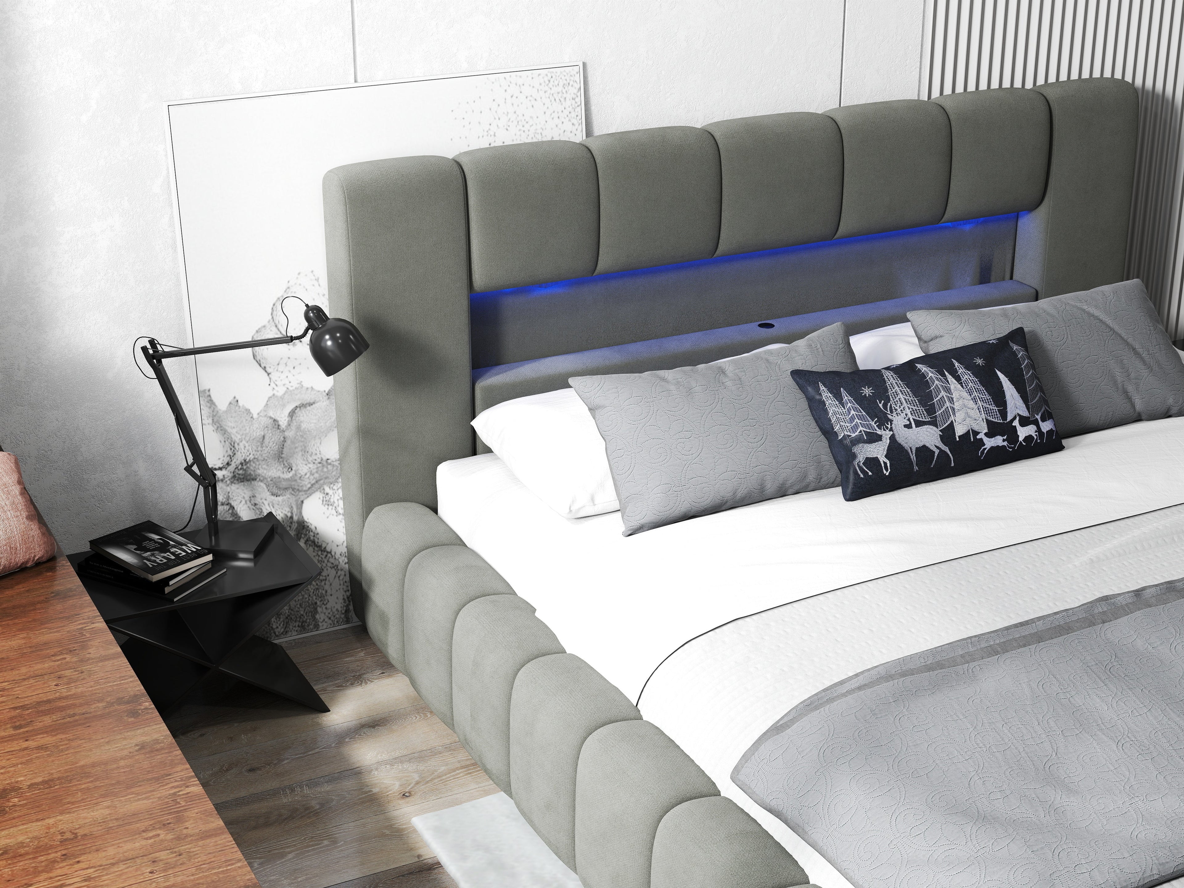 Pat dormitor dumonde, tapitat gri cu LED si USB, Palermo 160x200 cm, somiera rabatabila inclusa, spatiu depozitare